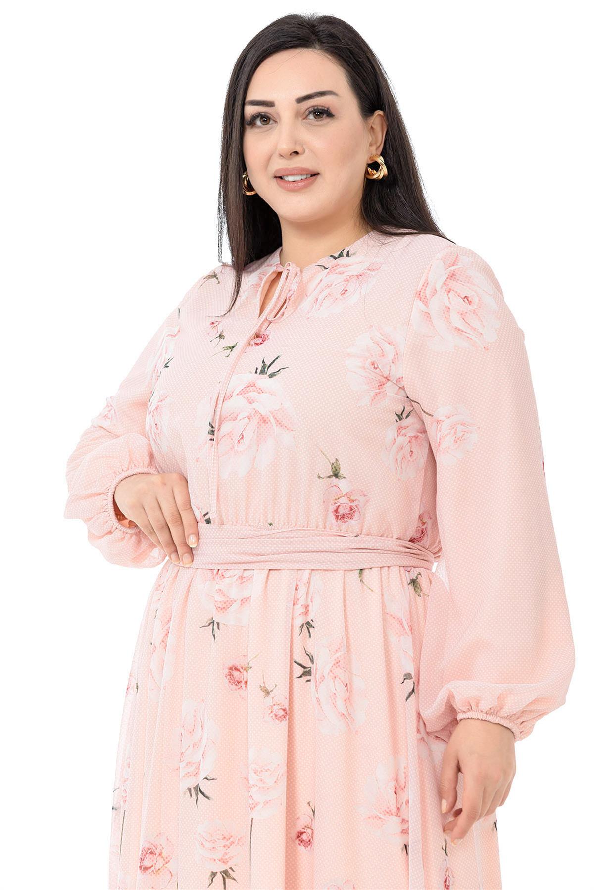 Plus Size Chiffon Lined Long Pink Dress with Elastic Waist and Cuffs and Belted Belt