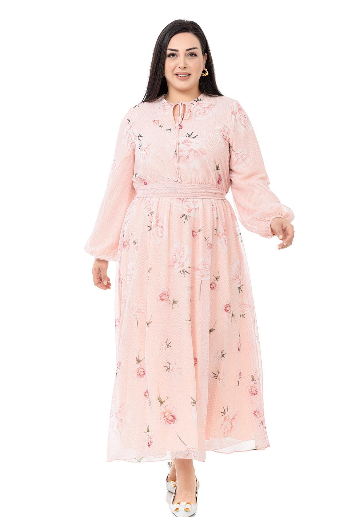 Plus Size Chiffon Lined Long Pink Dress with Elastic Waist and Cuffs and Belted Belt