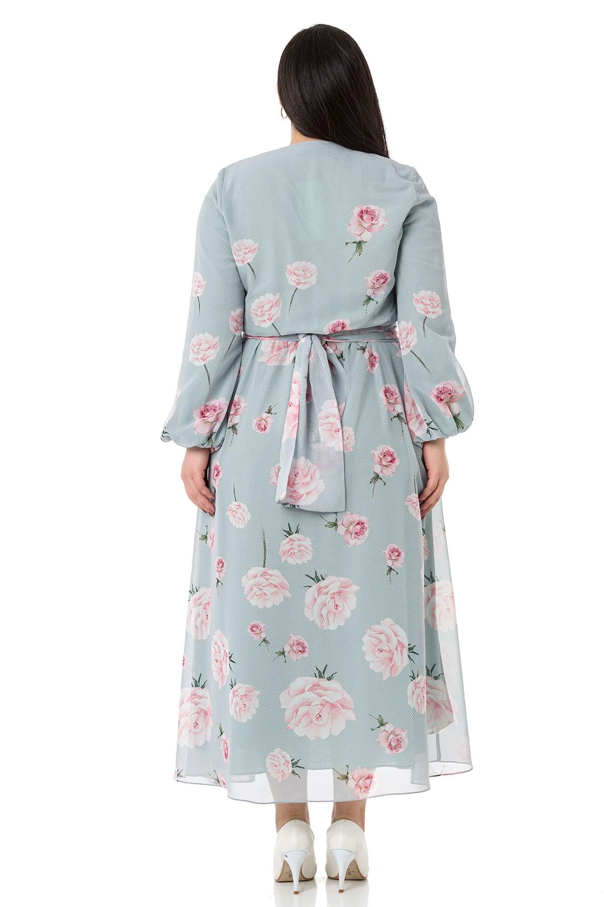 Plus Size Waist and Elastic Arm Cuff Belted Chiffon Lined Long Aqua Green Dress