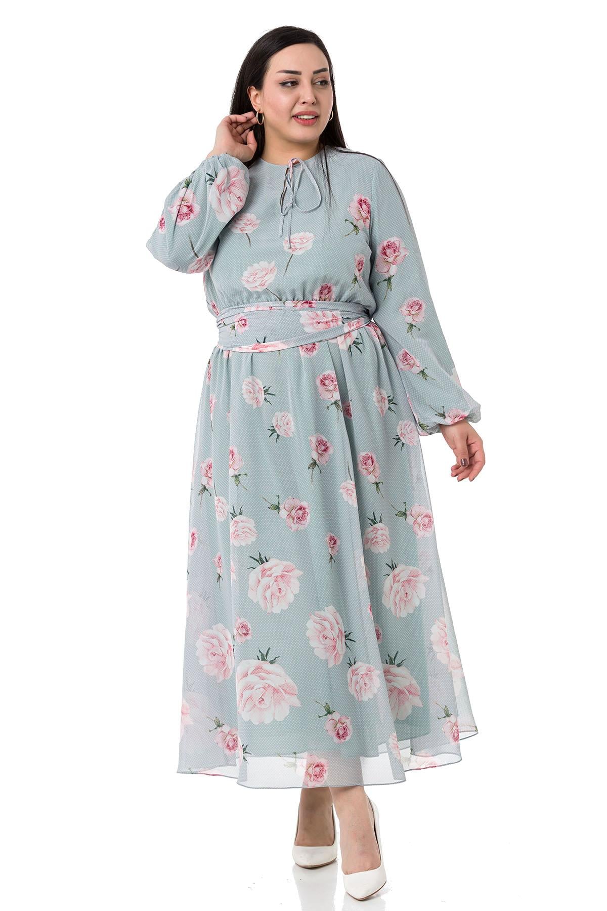 Plus Size Waist and Elastic Arm Cuff Belted Chiffon Lined Long Aqua Green Dress