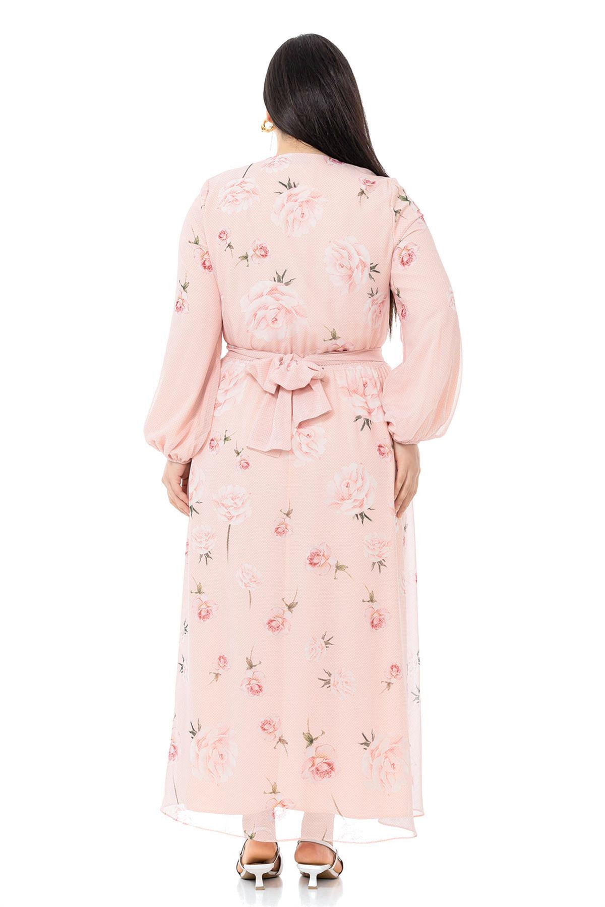 Plus Size Chiffon Lined Long Pink Dress with Elastic Waist and Cuffs and Belted Belt