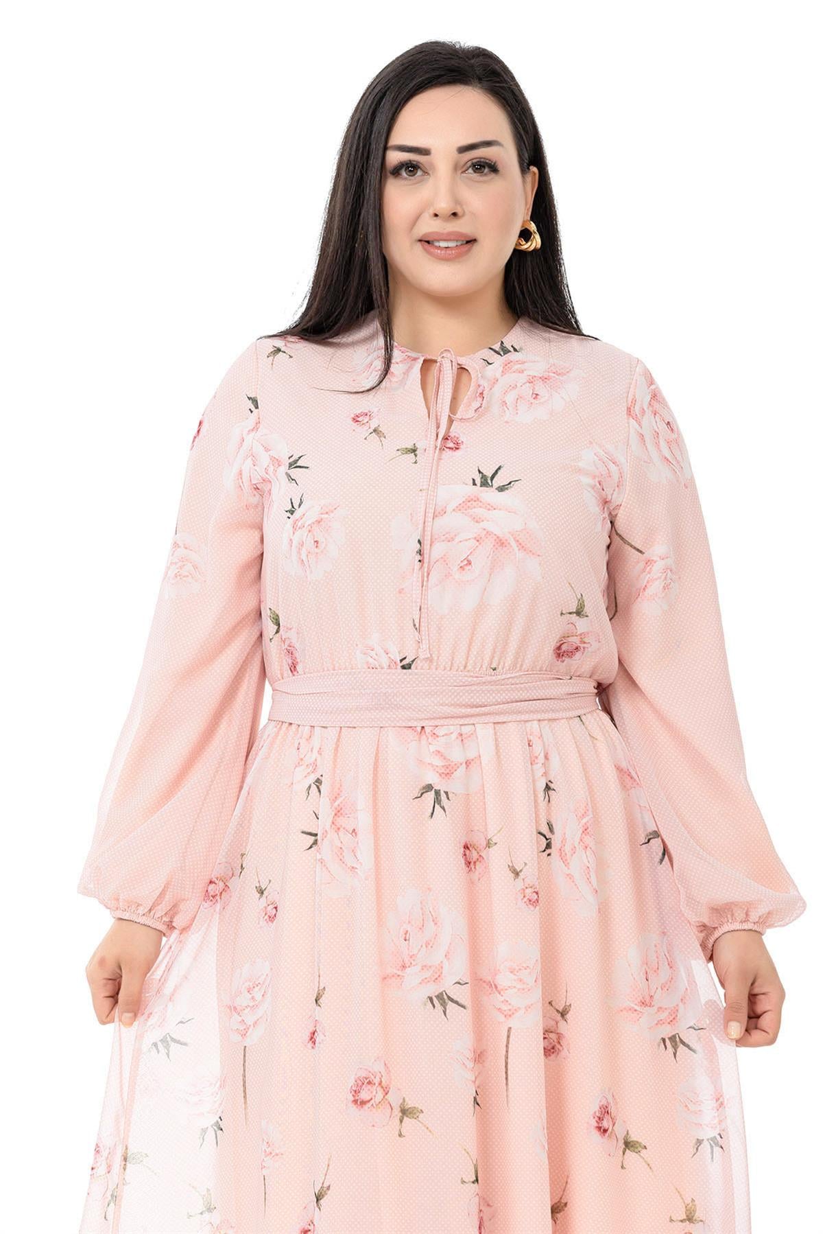 Plus Size Chiffon Lined Long Pink Dress with Elastic Waist and Cuffs and Belted Belt