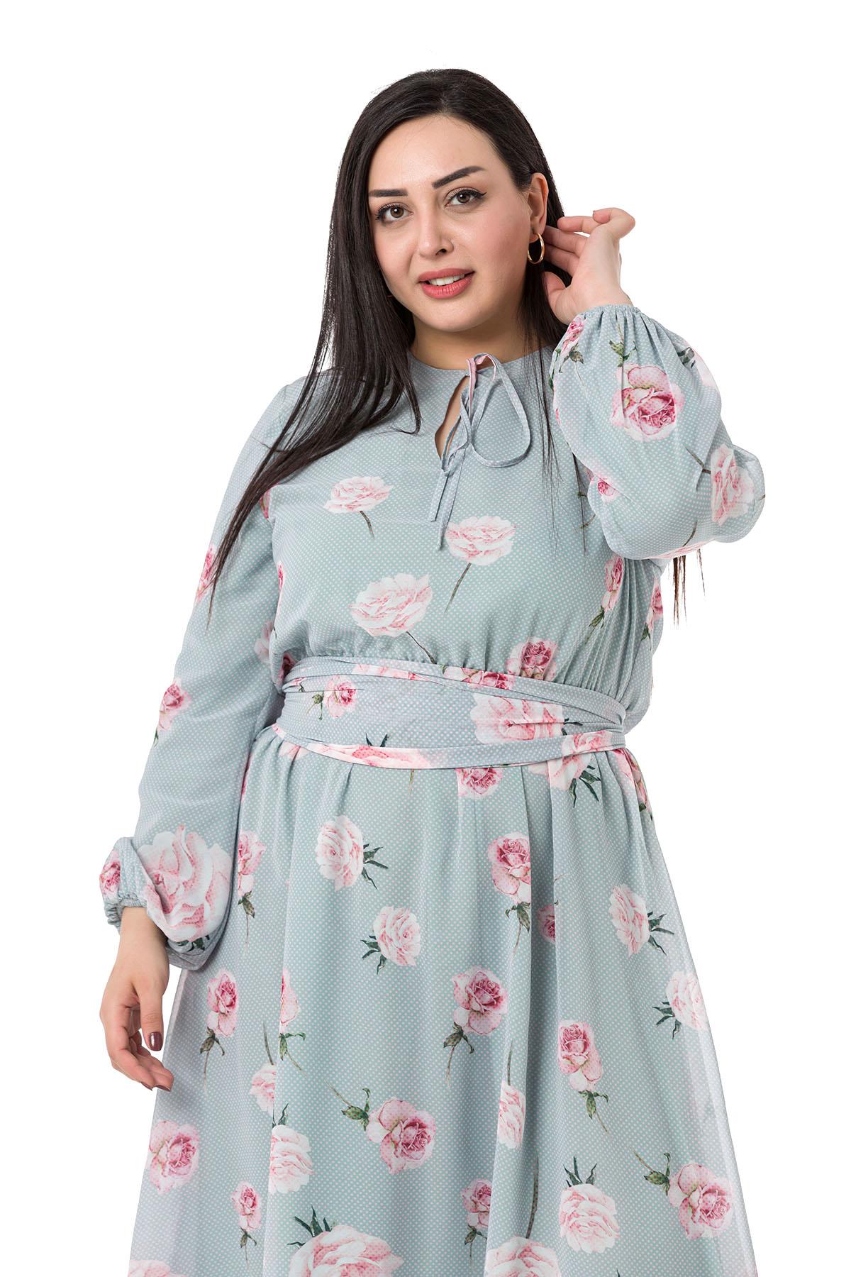 Plus Size Waist and Elastic Arm Cuff Belted Chiffon Lined Long Aqua Green Dress