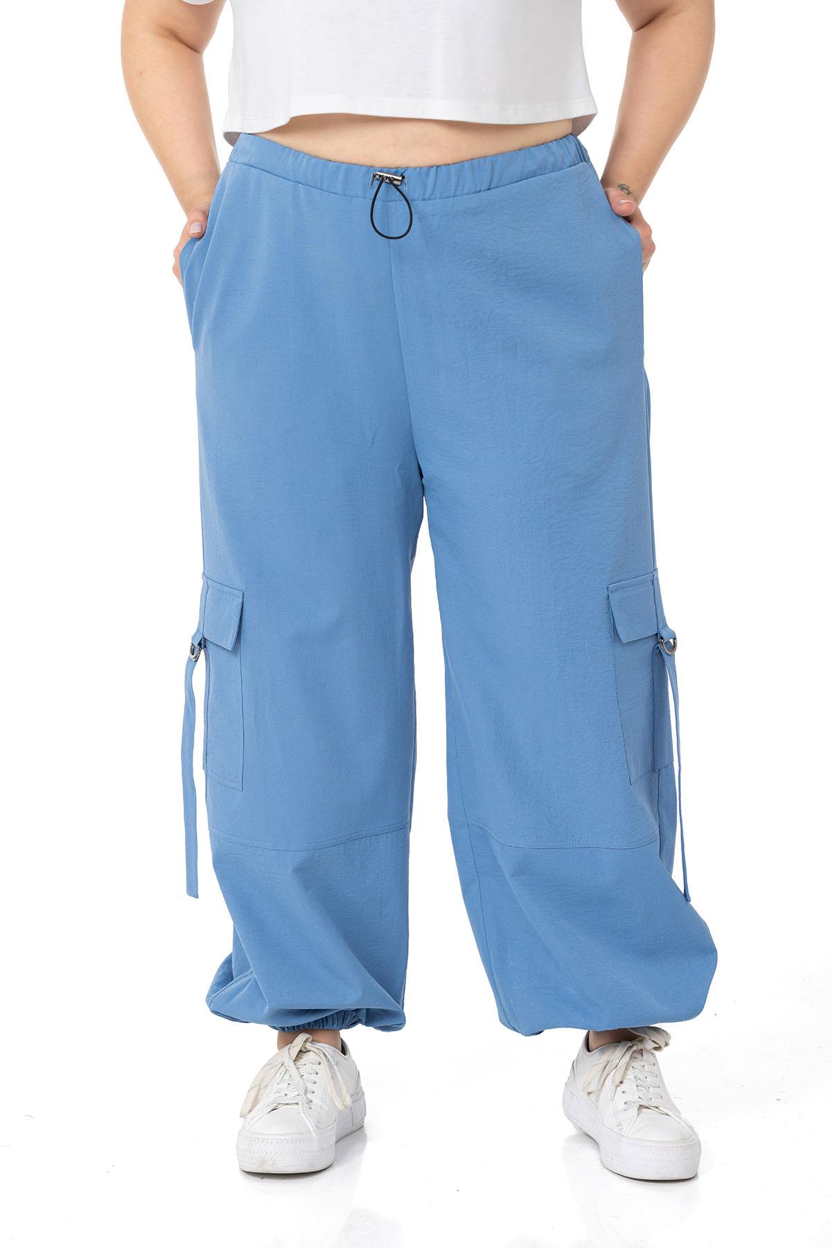 Plus Size Blue Parachute Trousers with Elastic Waist and Legs and Cargo Pocket