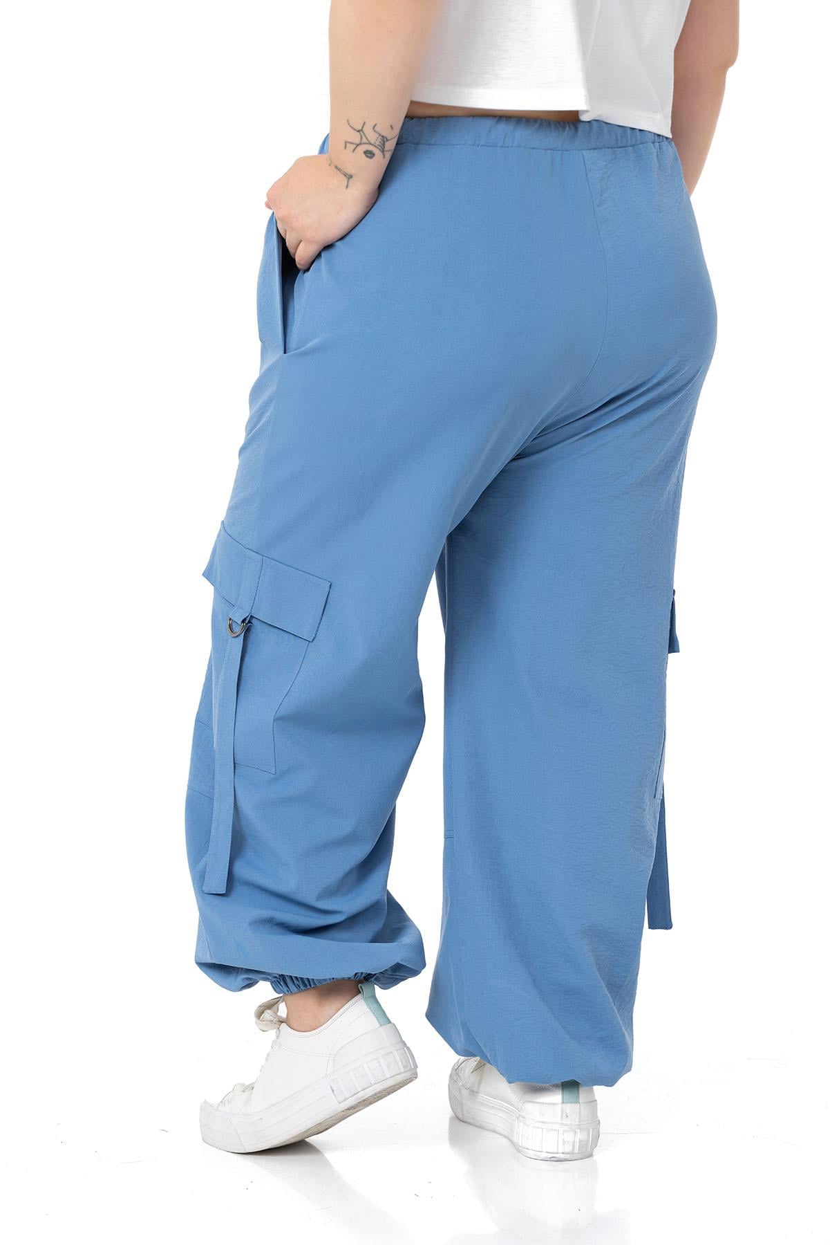 Plus Size Blue Parachute Trousers with Elastic Waist and Legs and Cargo Pocket