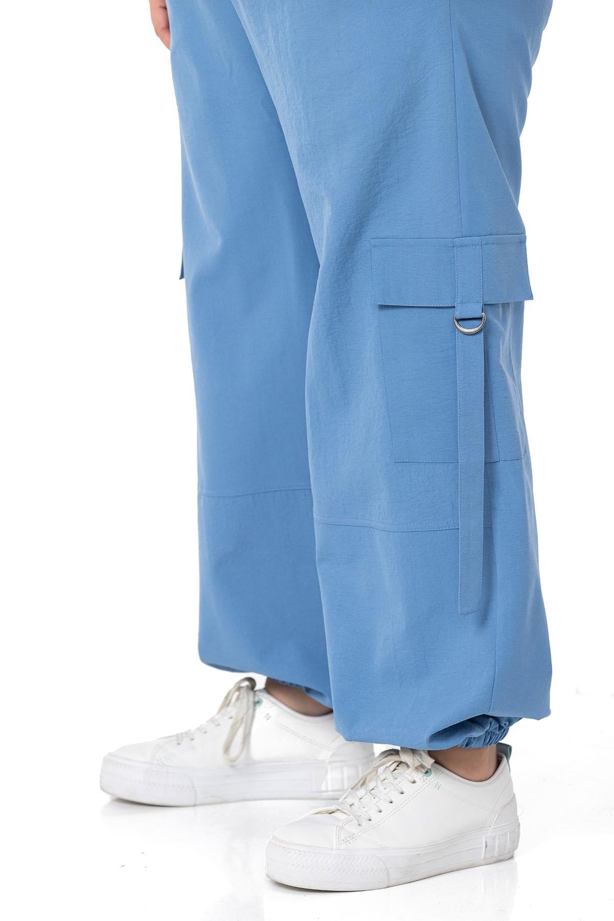 Plus Size Blue Parachute Trousers with Elastic Waist and Legs and Cargo Pocket