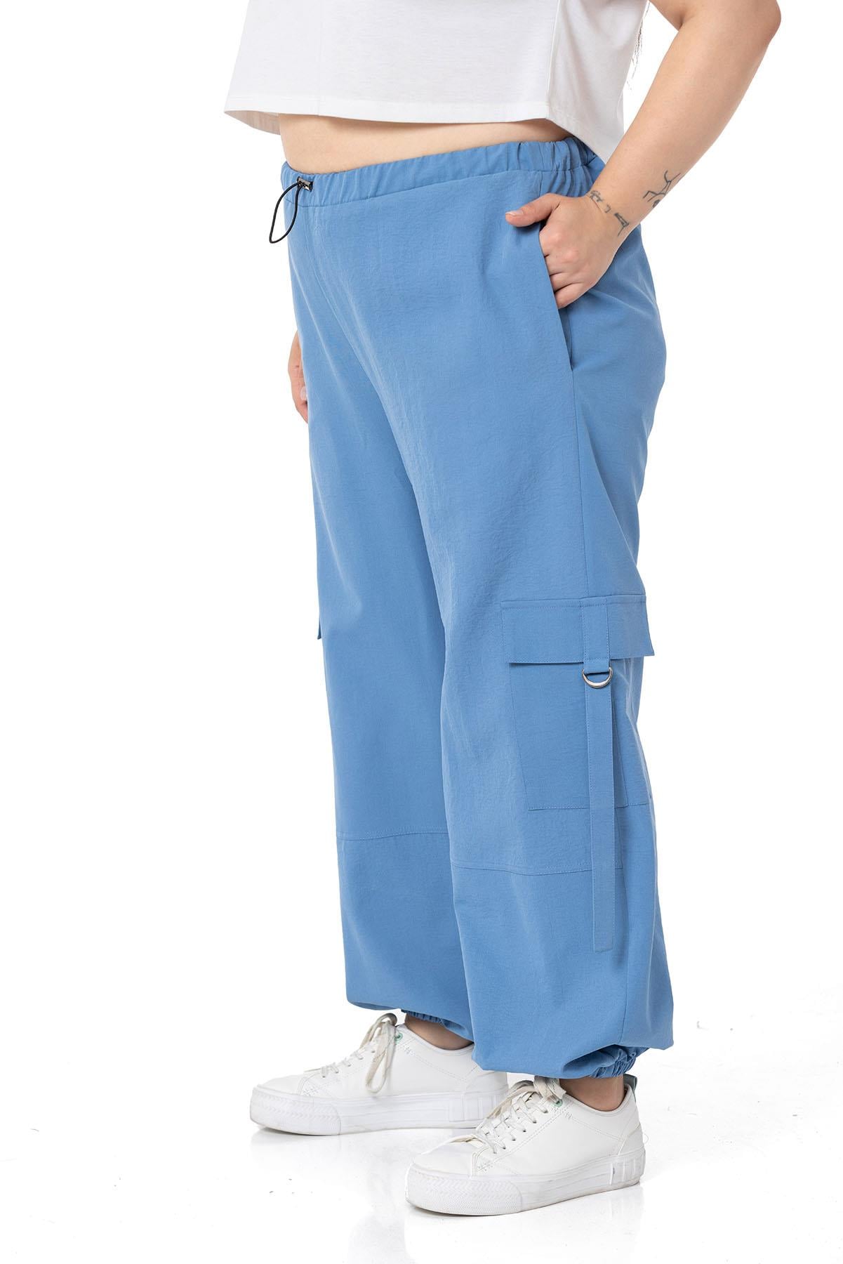 Plus Size Blue Parachute Trousers with Elastic Waist and Legs and Cargo Pocket