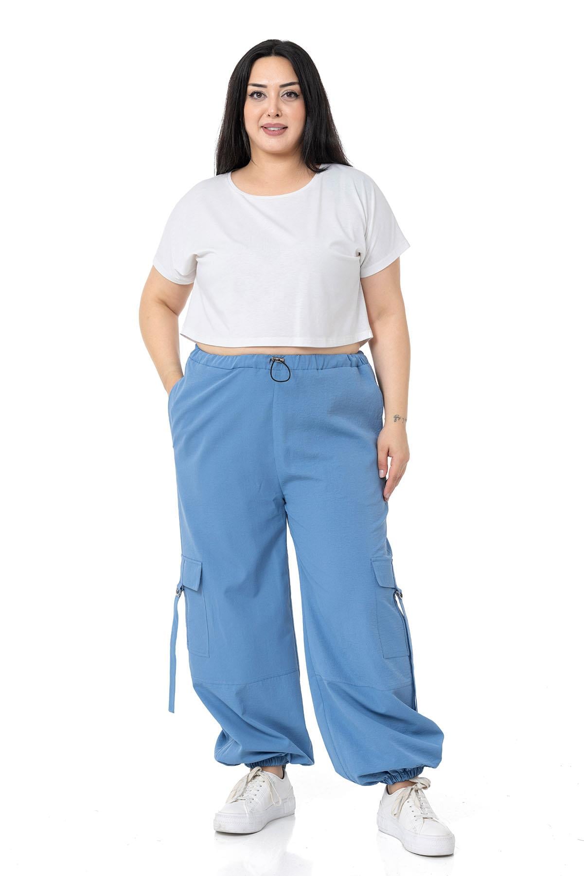 Plus Size Blue Parachute Trousers with Elastic Waist and Legs and Cargo Pocket