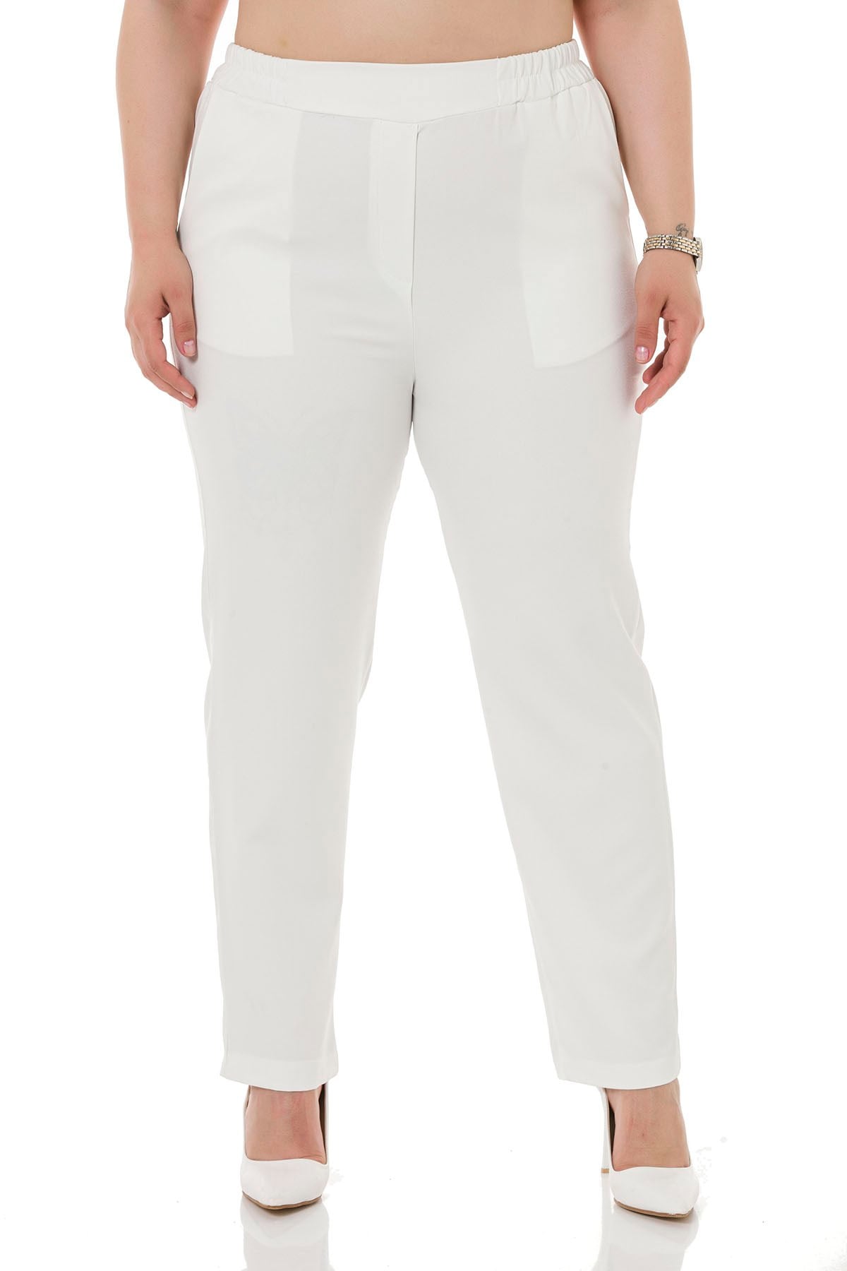 Plus Size White Trousers with Side and Back Elastic Waist Narrow Leg Pockets