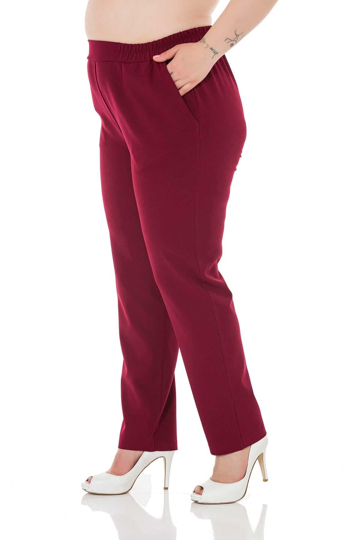 Plus Size Burgundy Trousers with Side and Back Elastic Waist Narrow Leg Pockets