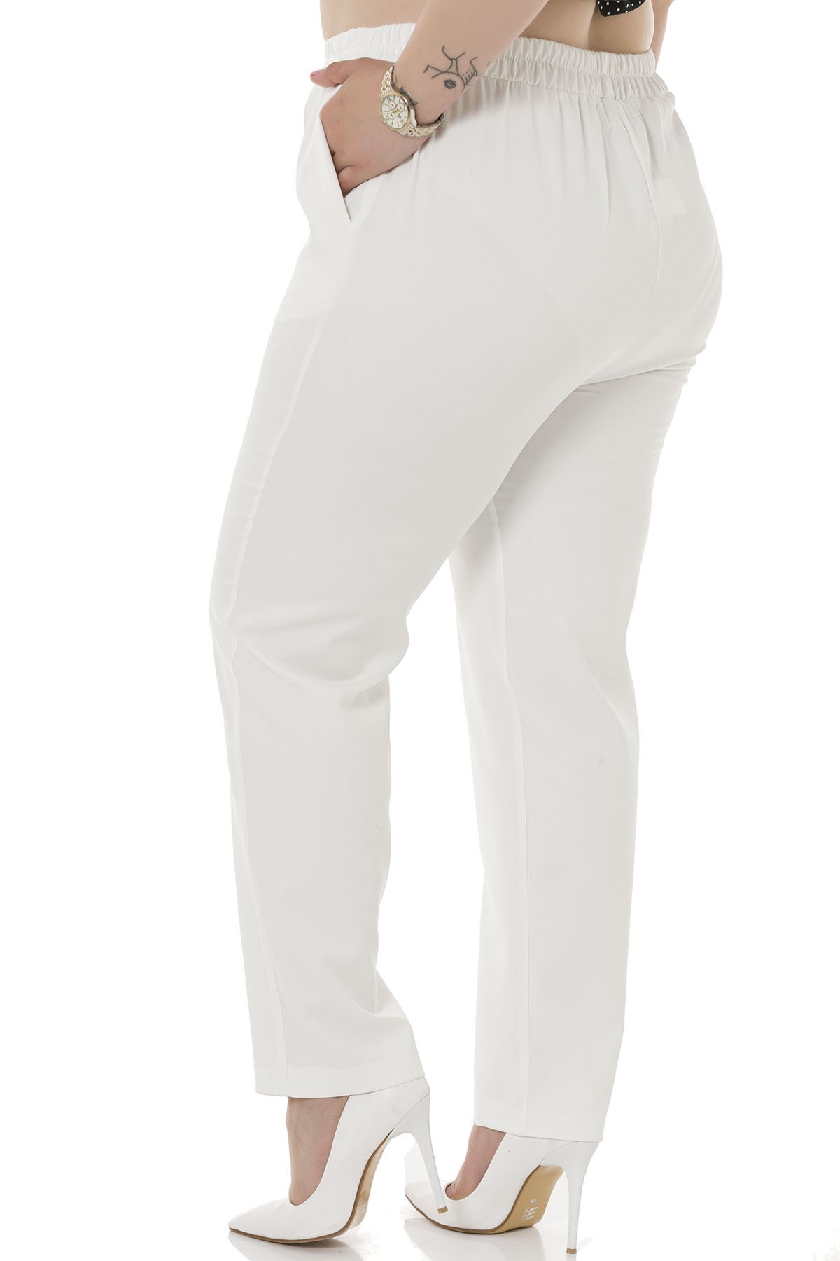 Plus Size White Trousers with Side and Back Elastic Waist Narrow Leg Pockets