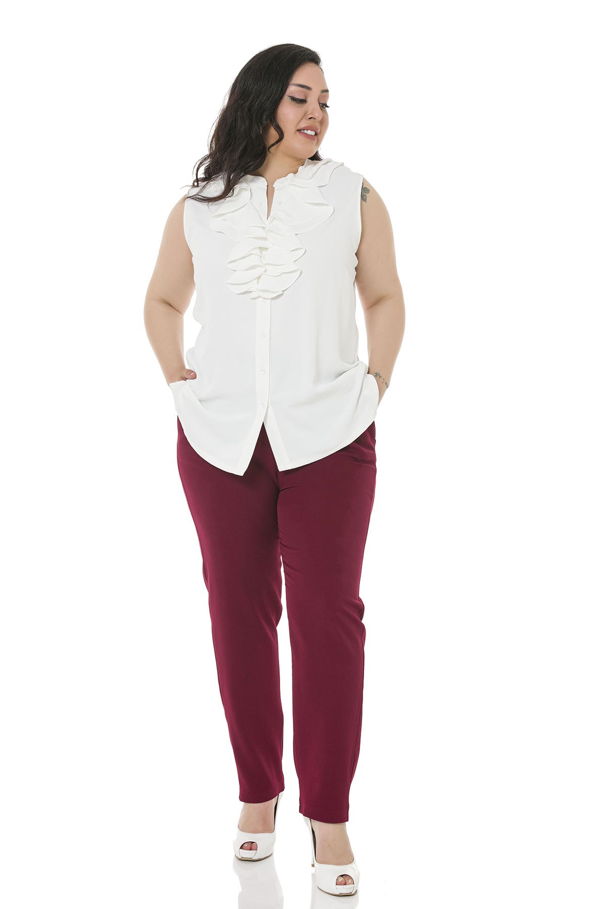 Plus Size Burgundy Trousers with Side and Back Elastic Waist Narrow Leg Pockets