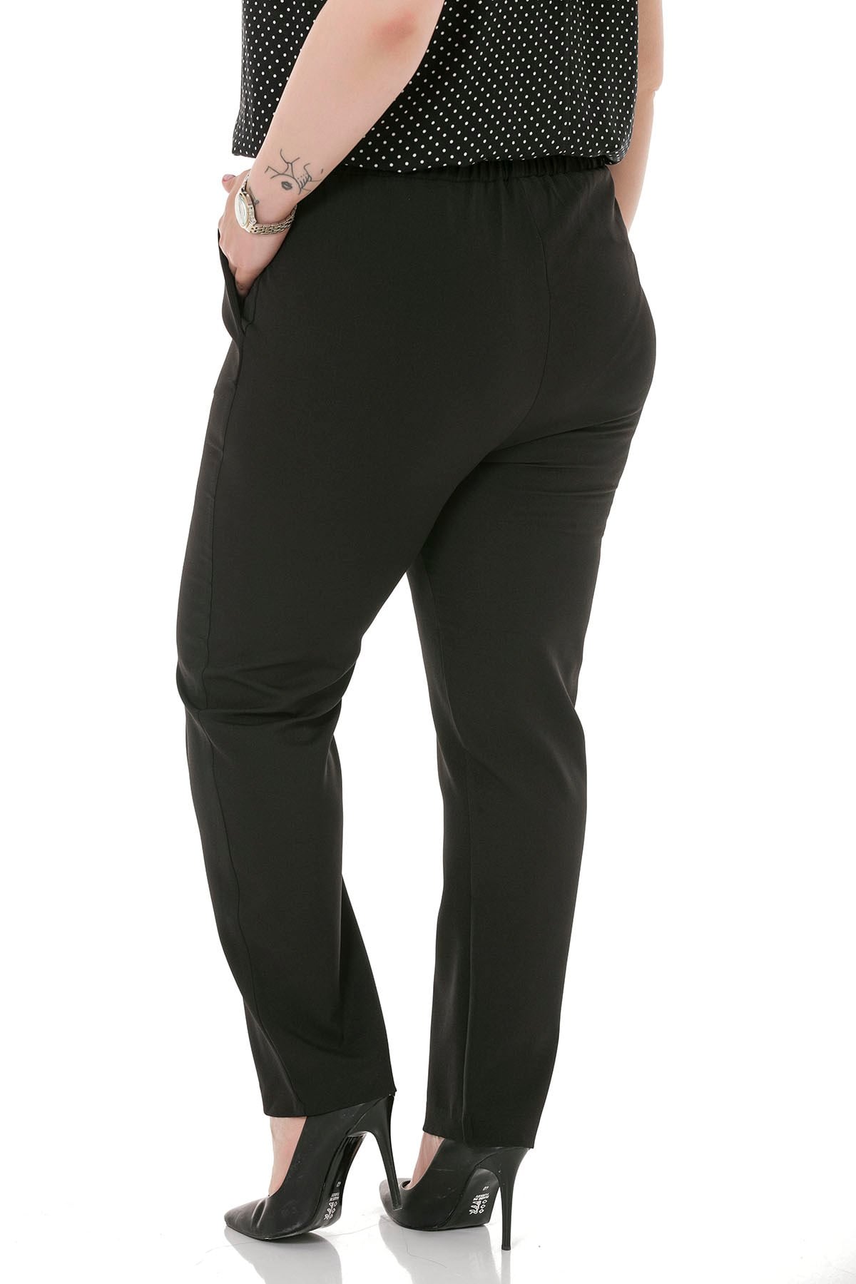 Plus Size Black Trousers with Side and Back Elastic Waist Narrow Leg Pockets