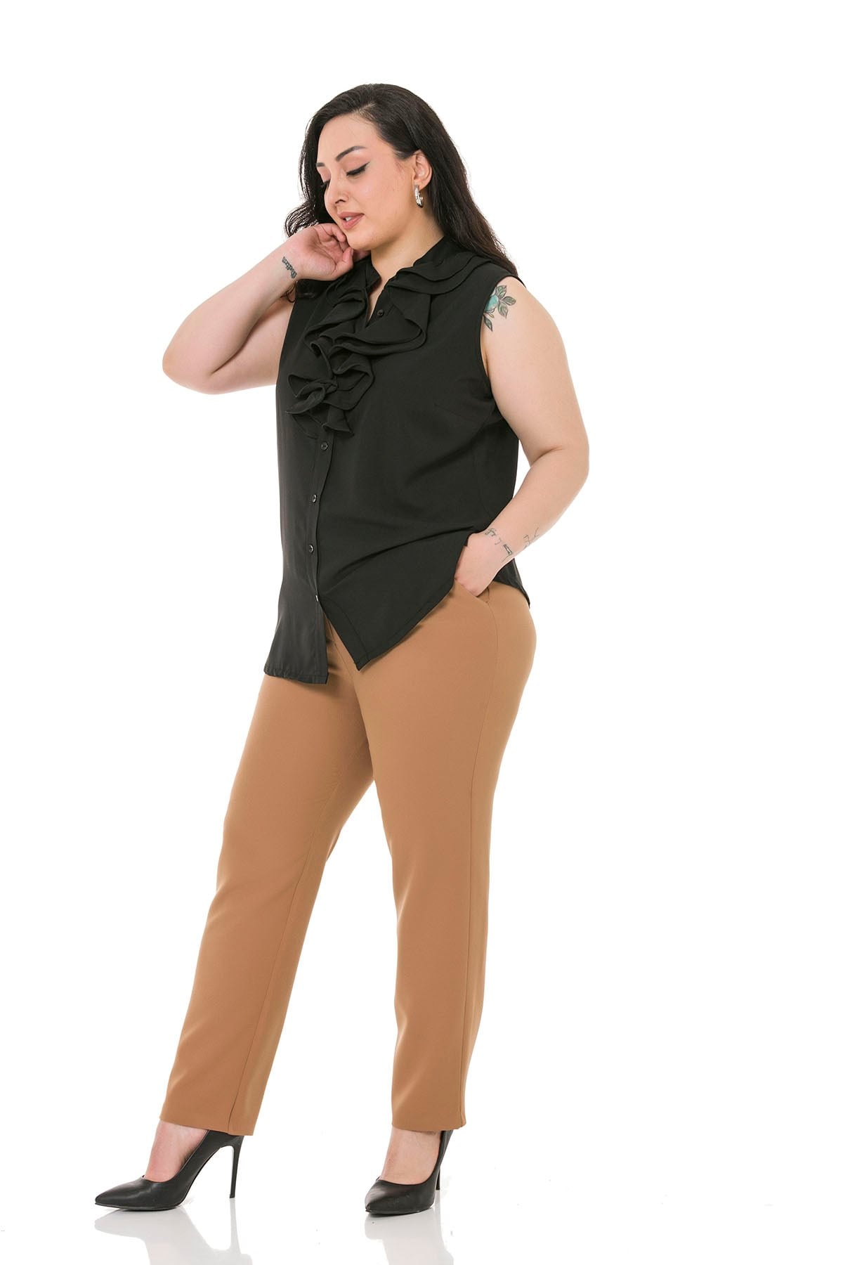 Plus Size Mink Trousers with Side and Back Elastic Waist Narrow Leg Pockets