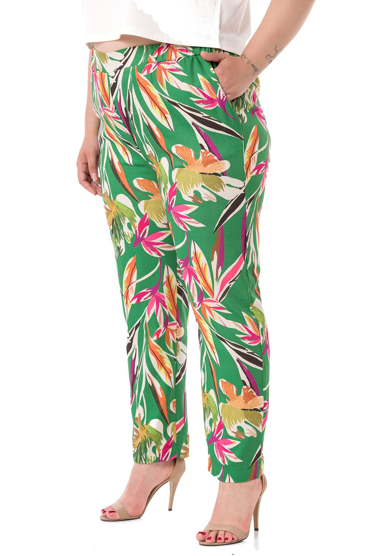 Plus Size Leaf Printed Green Trousers with Side and Back Elastic Waist Pockets