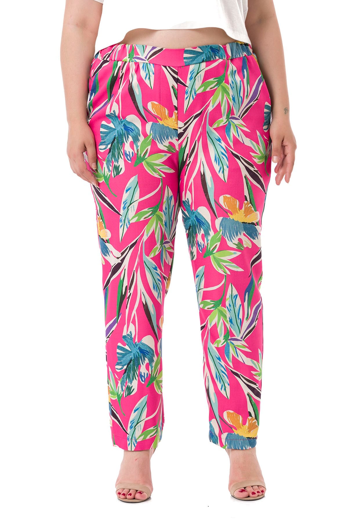 Plus Size Leaf Printed Fuchsia Trousers with Side and Back Elastic Waist Pockets