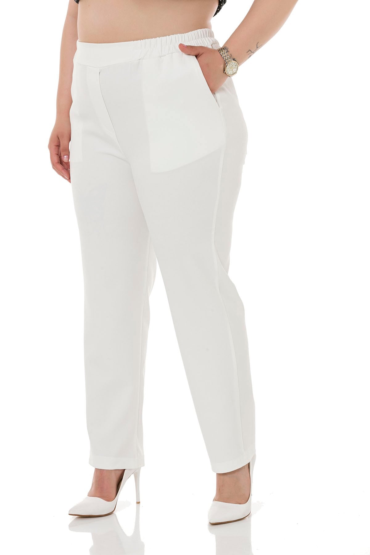 Plus Size White Trousers with Side and Back Elastic Waist Narrow Leg Pockets
