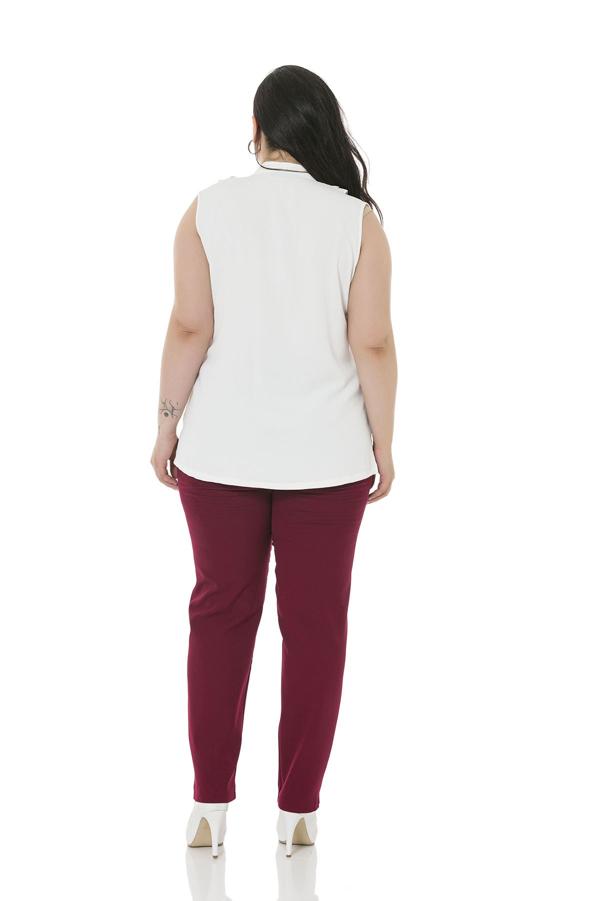 Plus Size Burgundy Trousers with Side and Back Elastic Waist Narrow Leg Pockets