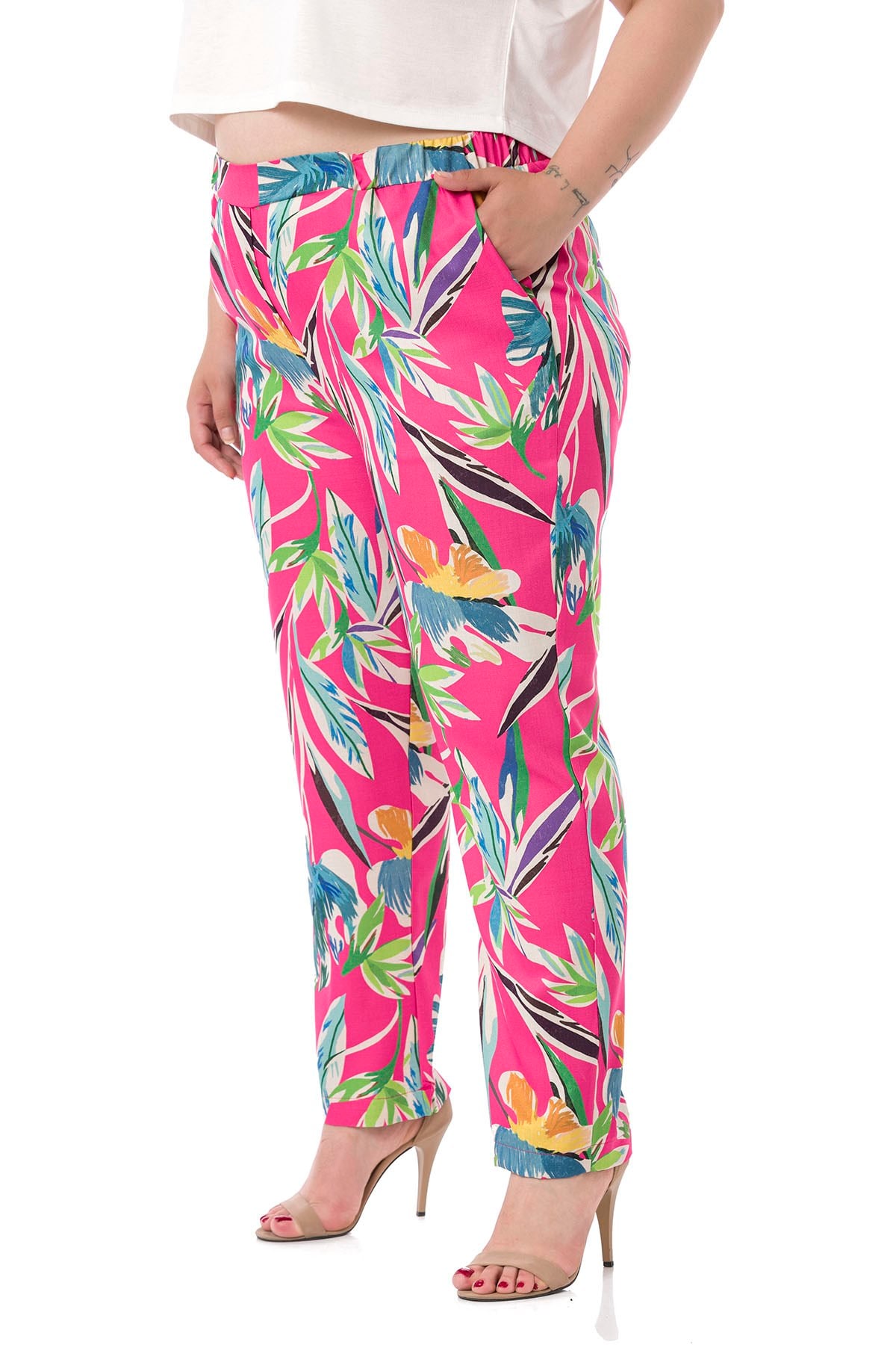Plus Size Leaf Printed Fuchsia Trousers with Side and Back Elastic Waist Pockets