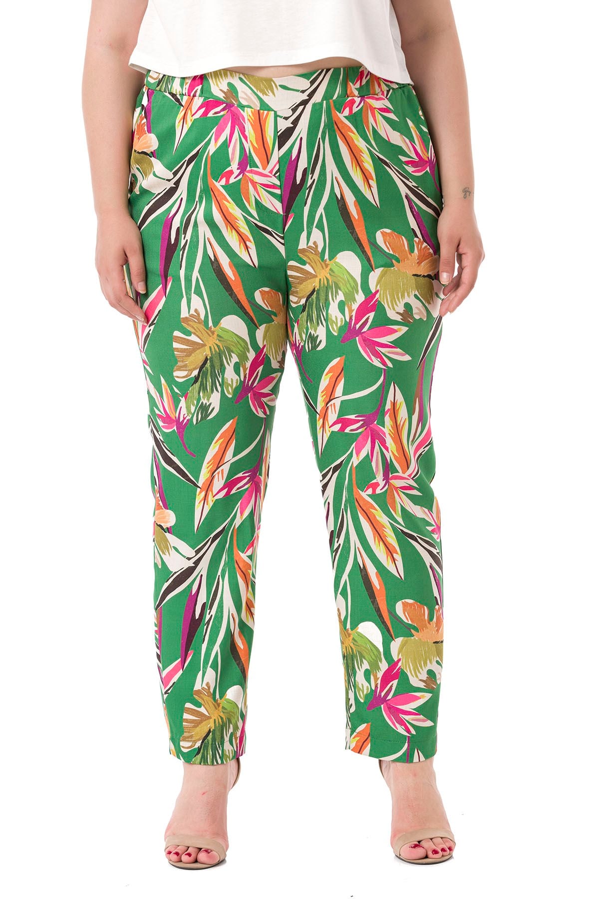 Plus Size Leaf Printed Green Trousers with Side and Back Elastic Waist Pockets