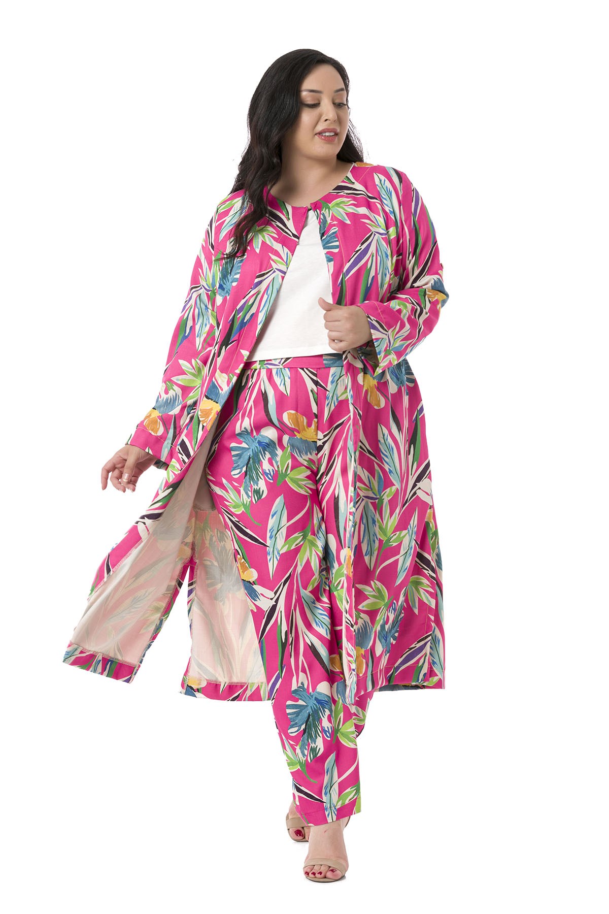 Plus Size Leaf Printed Fuchsia Trousers with Side and Back Elastic Waist Pockets