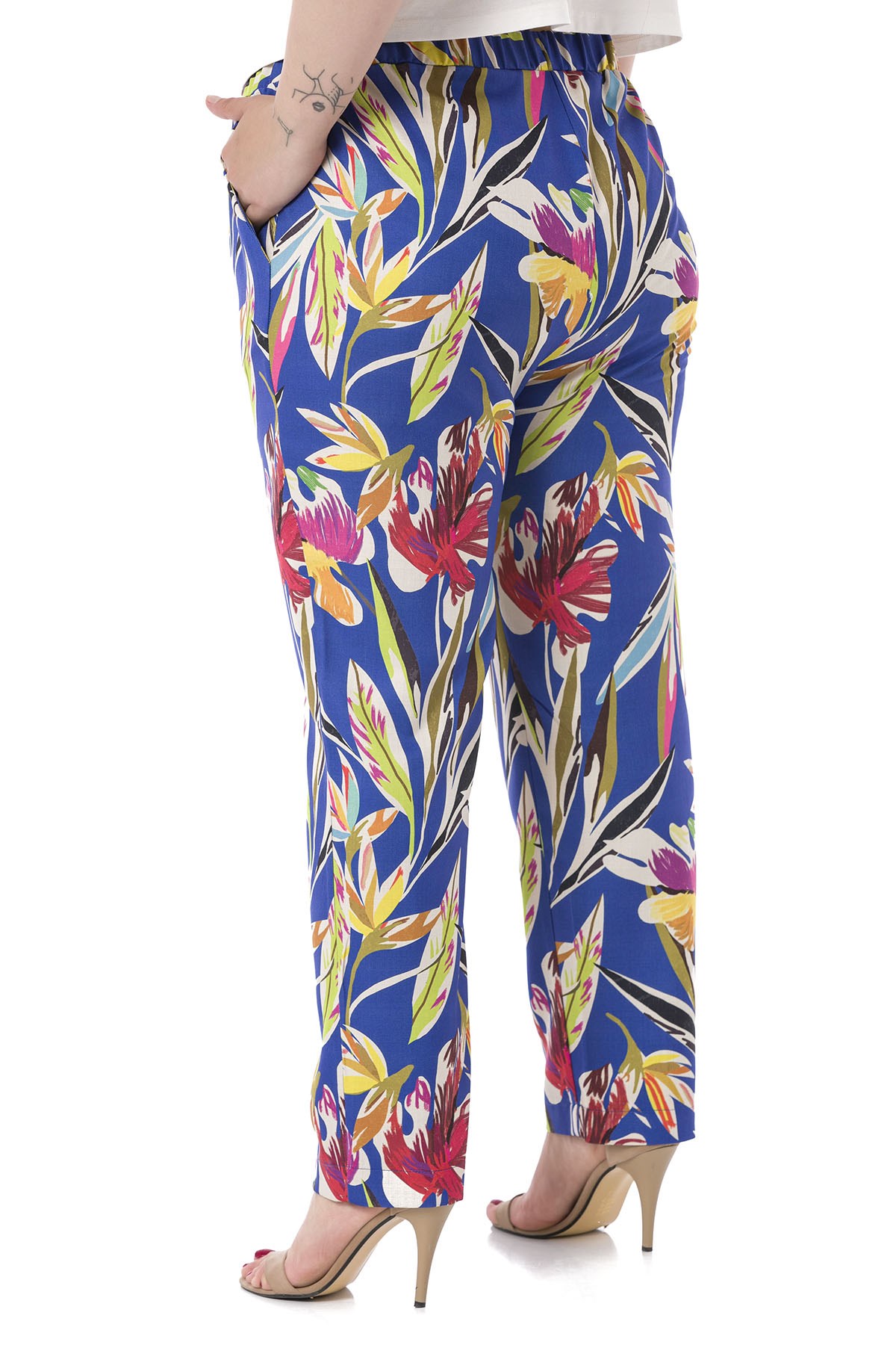 Plus Size Leaf Printed Sax Blue Trousers with Side and Rear Elastic Waist Pockets