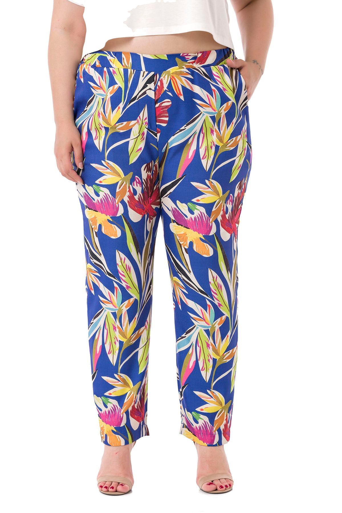Plus Size Leaf Printed Sax Blue Trousers with Side and Rear Elastic Waist Pockets