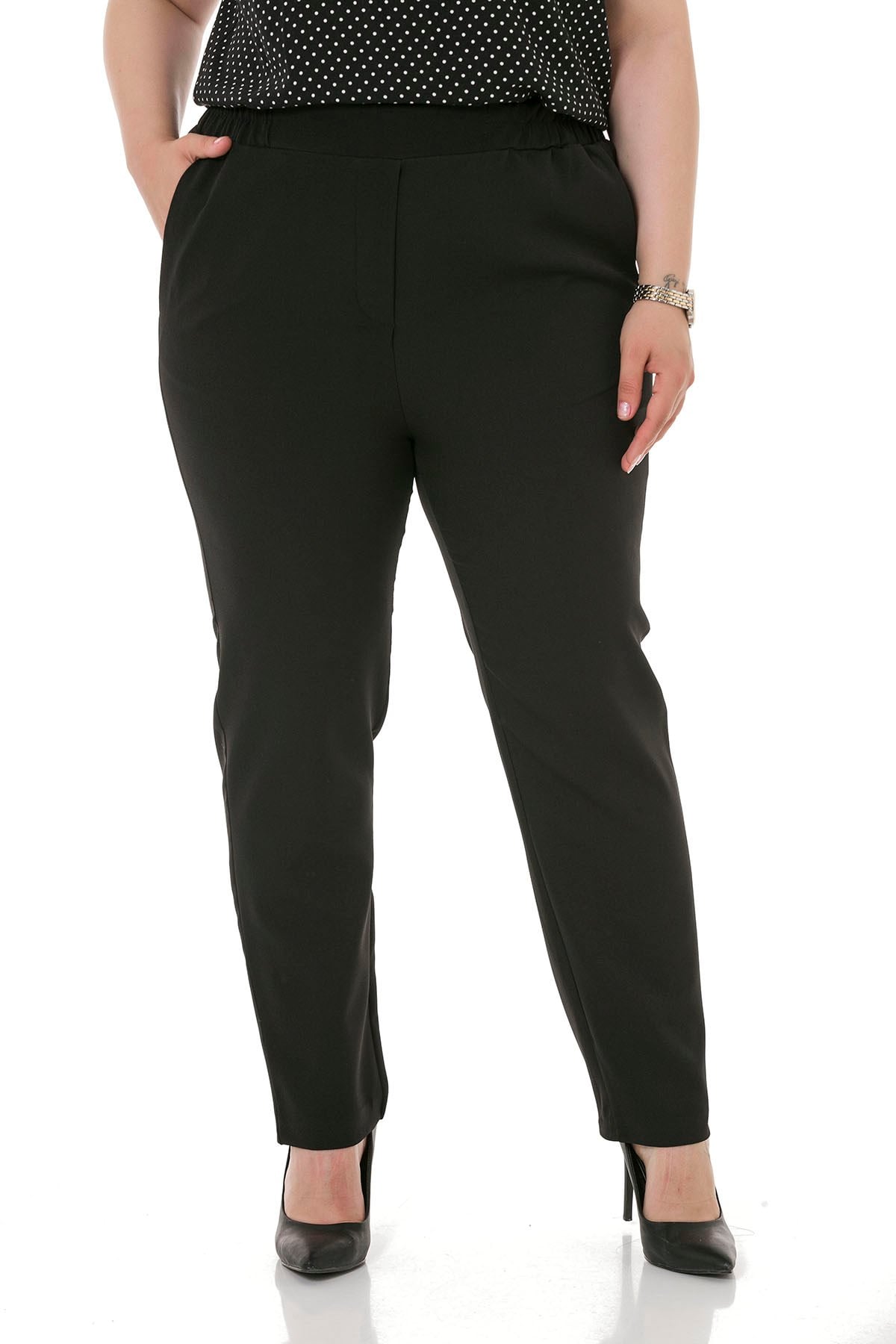 Plus Size Black Trousers with Side and Back Elastic Waist Narrow Leg Pockets