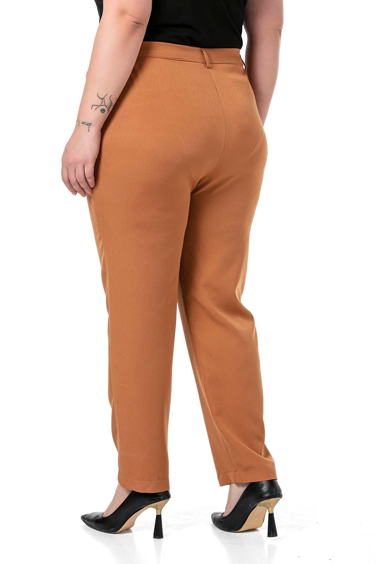Plus Size Brown Trousers with Side Elastic Waist Zipper and Slits on the Legs