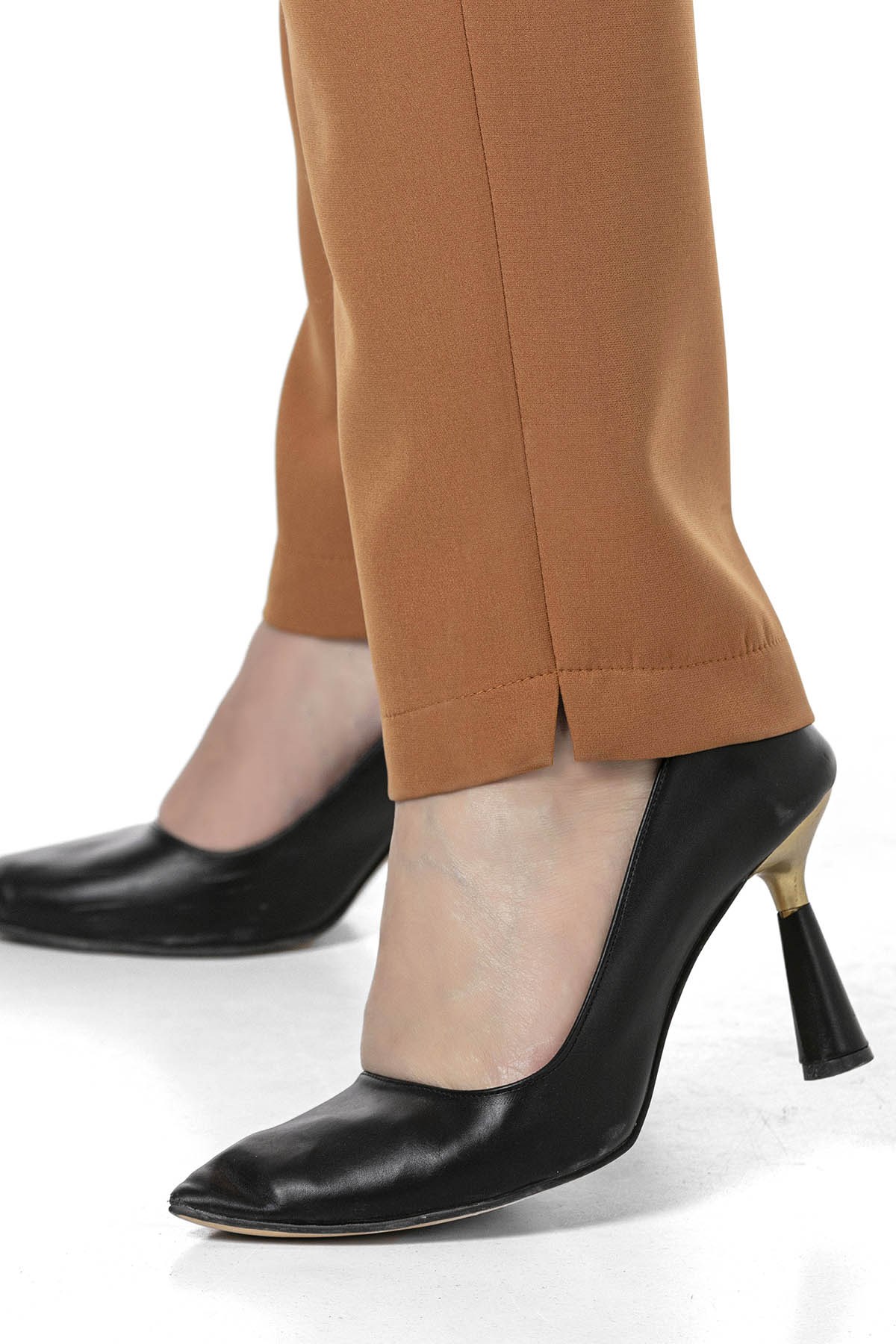 Plus Size Brown Trousers with Side Elastic Waist Zipper and Slits on the Legs