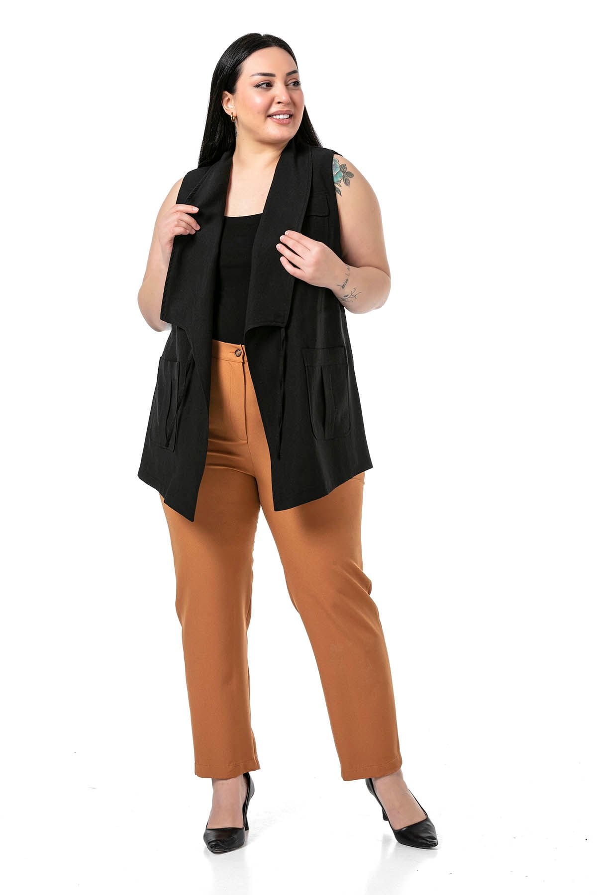 Plus Size Brown Trousers with Side Elastic Waist Zipper and Slits on the Legs