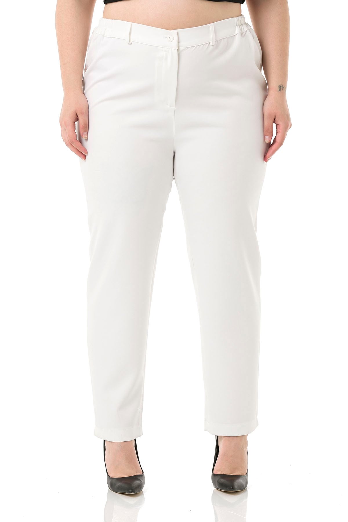 Plus Size White Trousers with Elastic Waist Sides Zippered Leg Slits