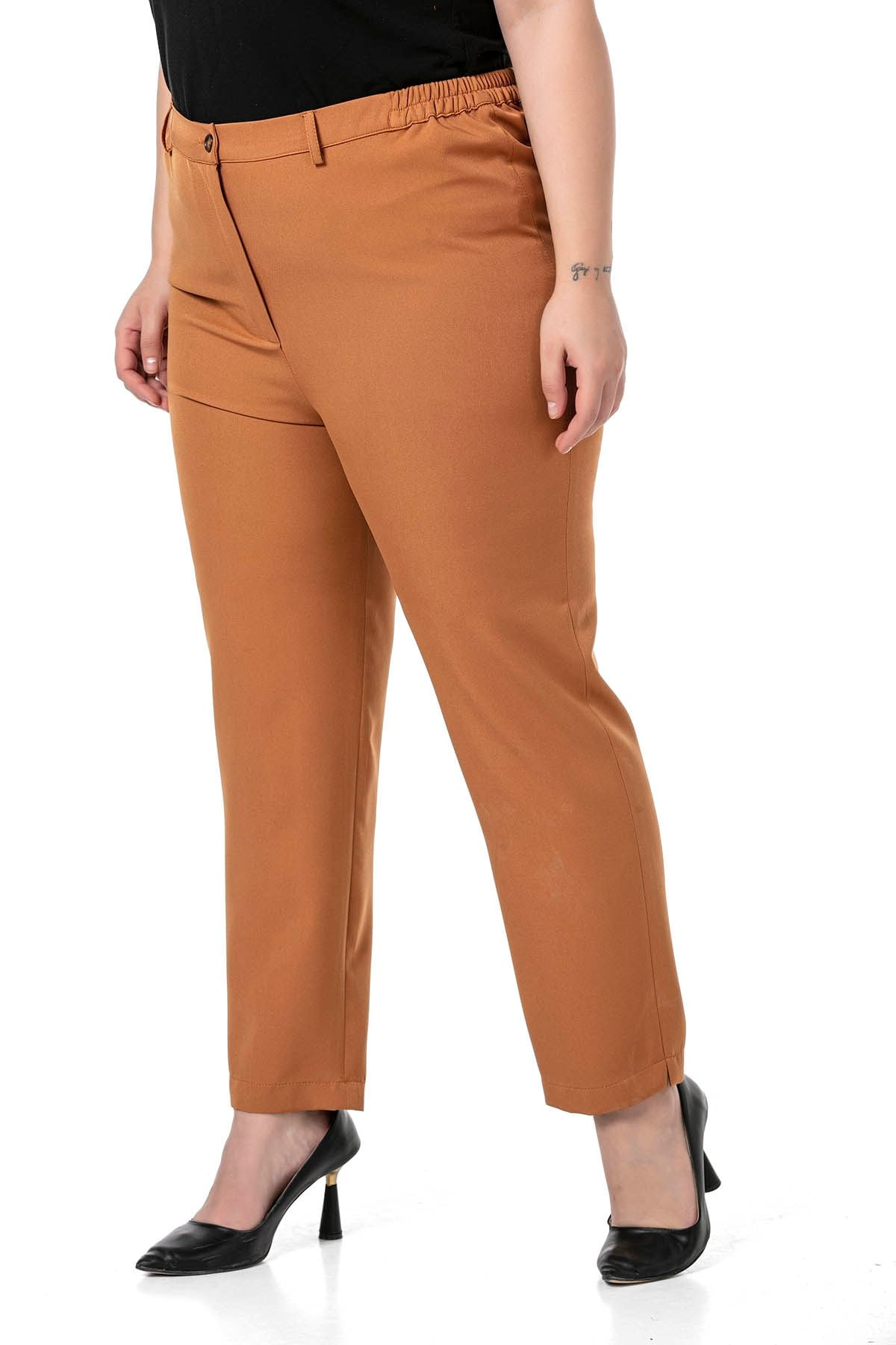 Plus Size Brown Trousers with Side Elastic Waist Zipper and Slits on the Legs