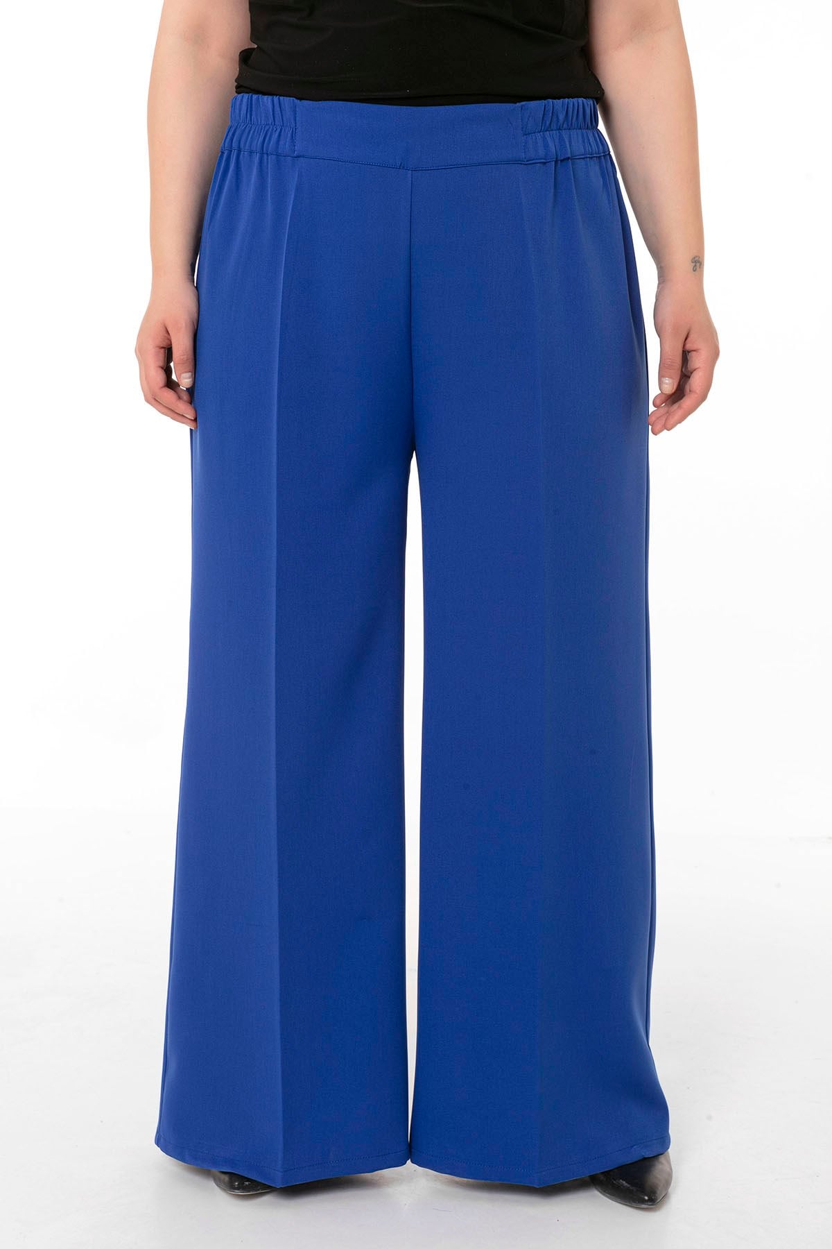 Plus Size Double Sax Blue Wide Leg Trousers with Elastic Waist Sides and Back