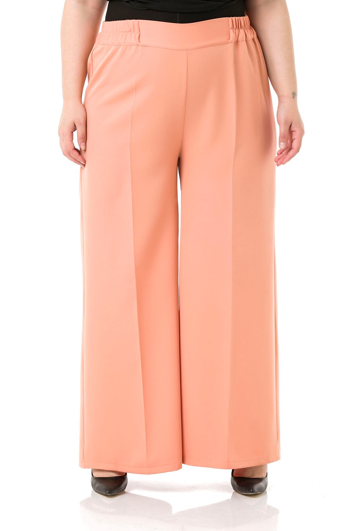 Plus Size Double Salmon Wide Leg Trousers with Elastic Waist Sides and Back