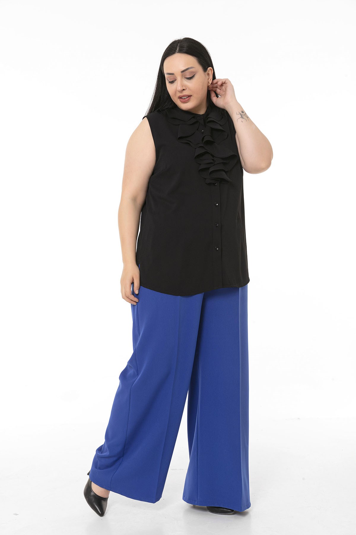 Plus Size Double Sax Blue Wide Leg Trousers with Elastic Waist Sides and Back