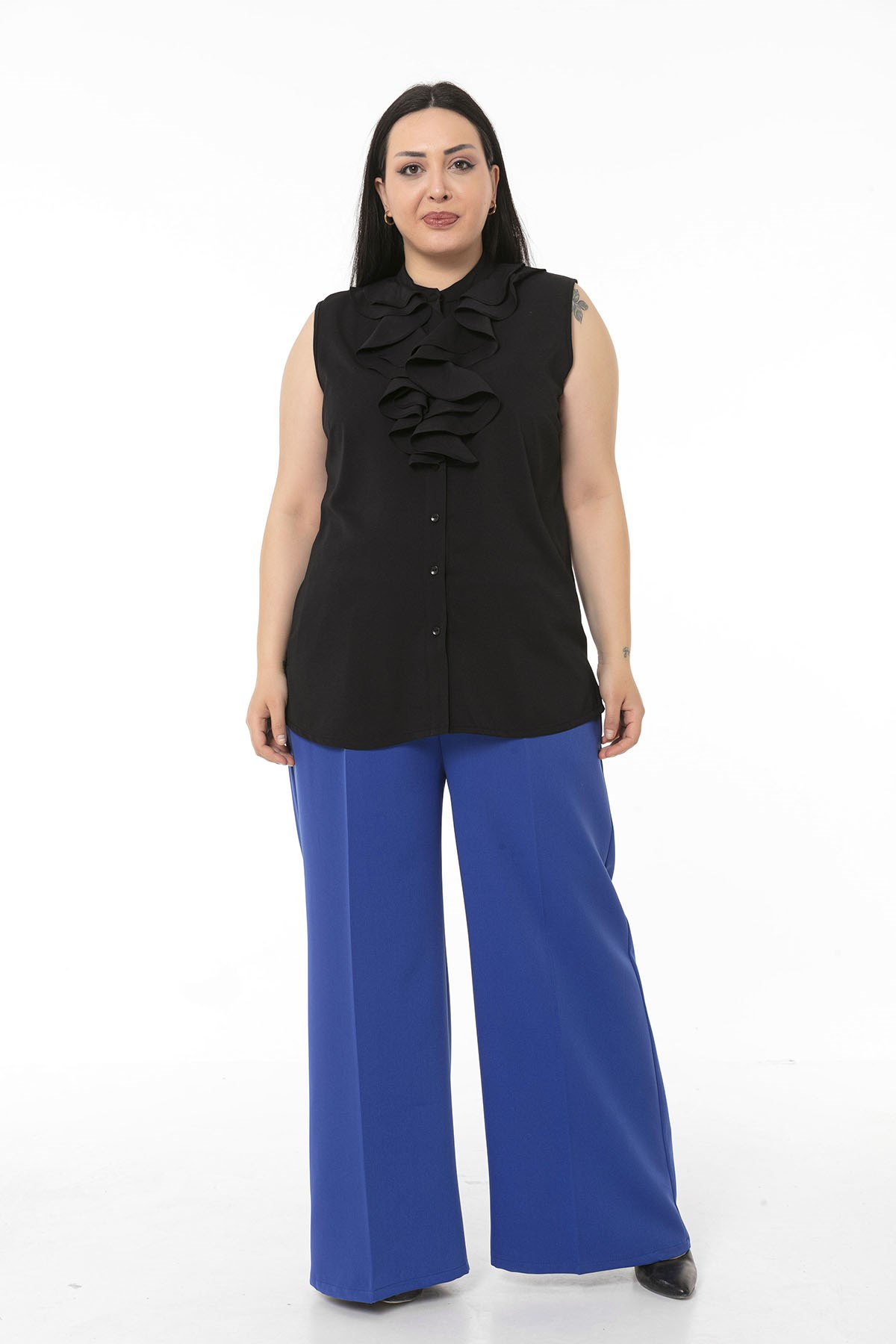 Plus Size Double Sax Blue Wide Leg Trousers with Elastic Waist Sides and Back