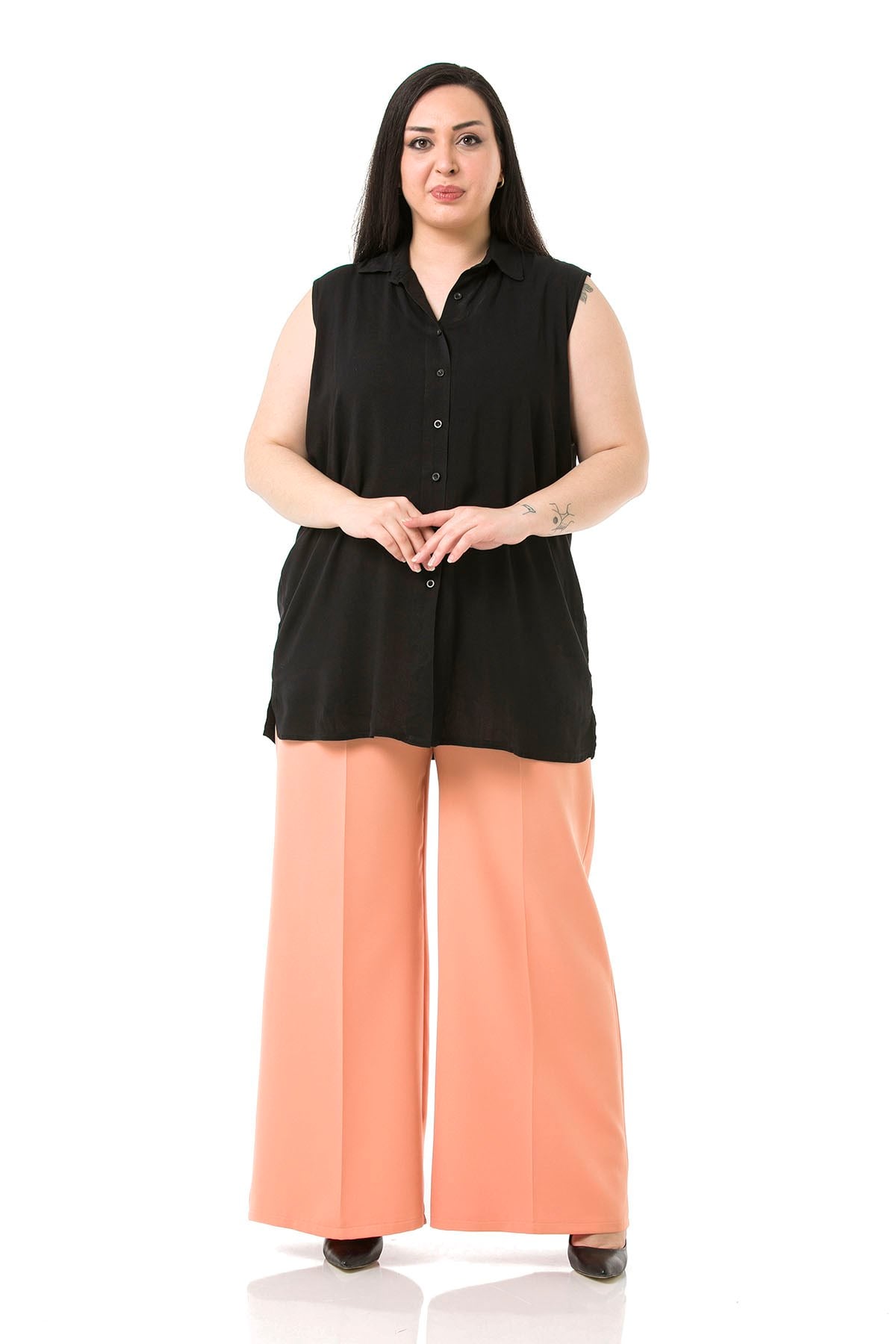 Plus Size Double Salmon Wide Leg Trousers with Elastic Waist Sides and Back