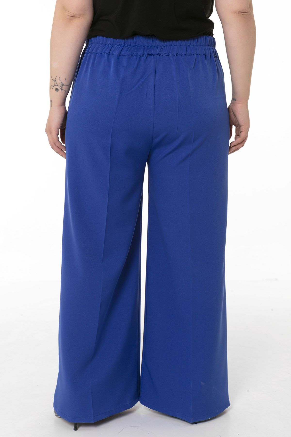 Plus Size Double Sax Blue Wide Leg Trousers with Elastic Waist Sides and Back
