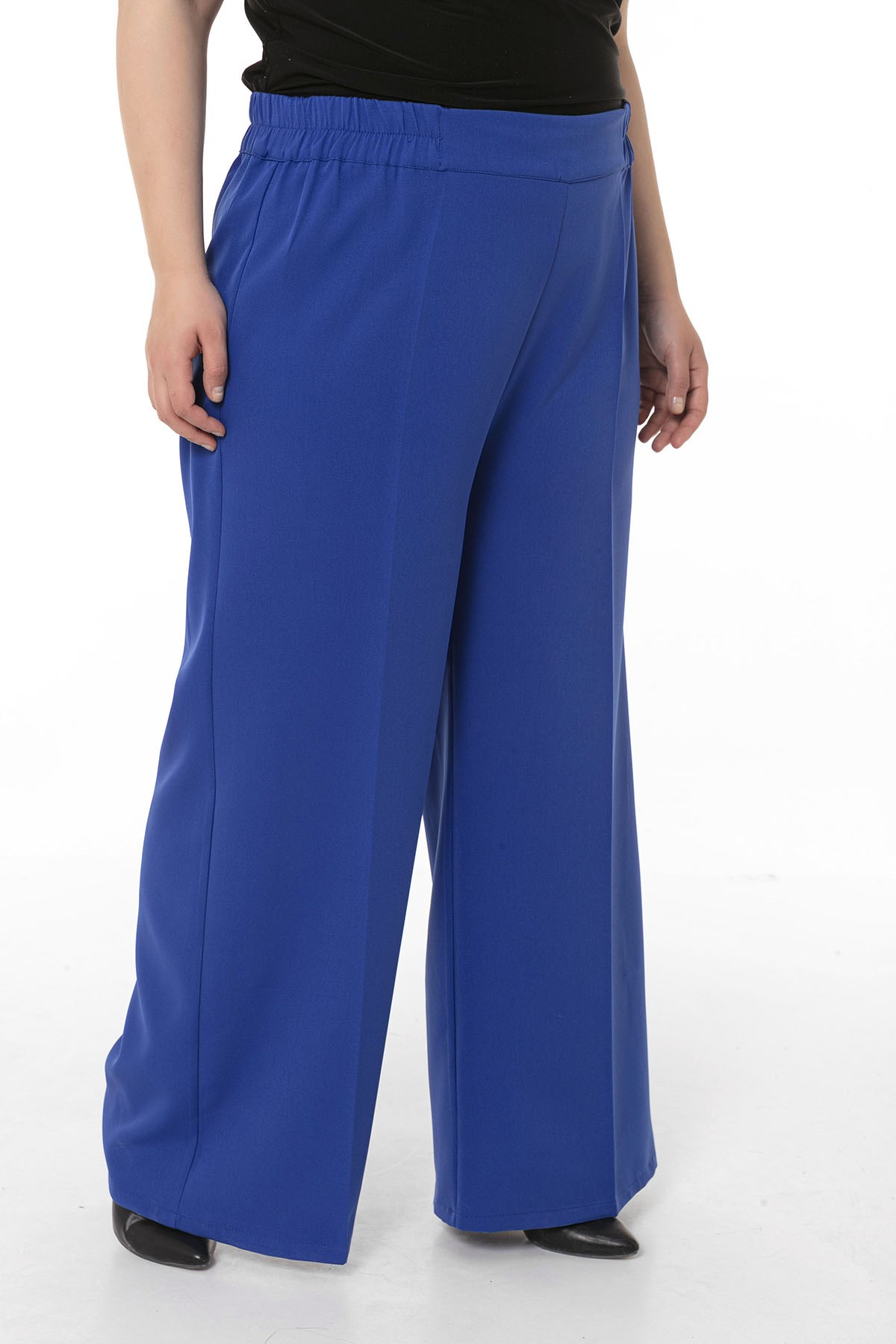 Plus Size Double Sax Blue Wide Leg Trousers with Elastic Waist Sides and Back
