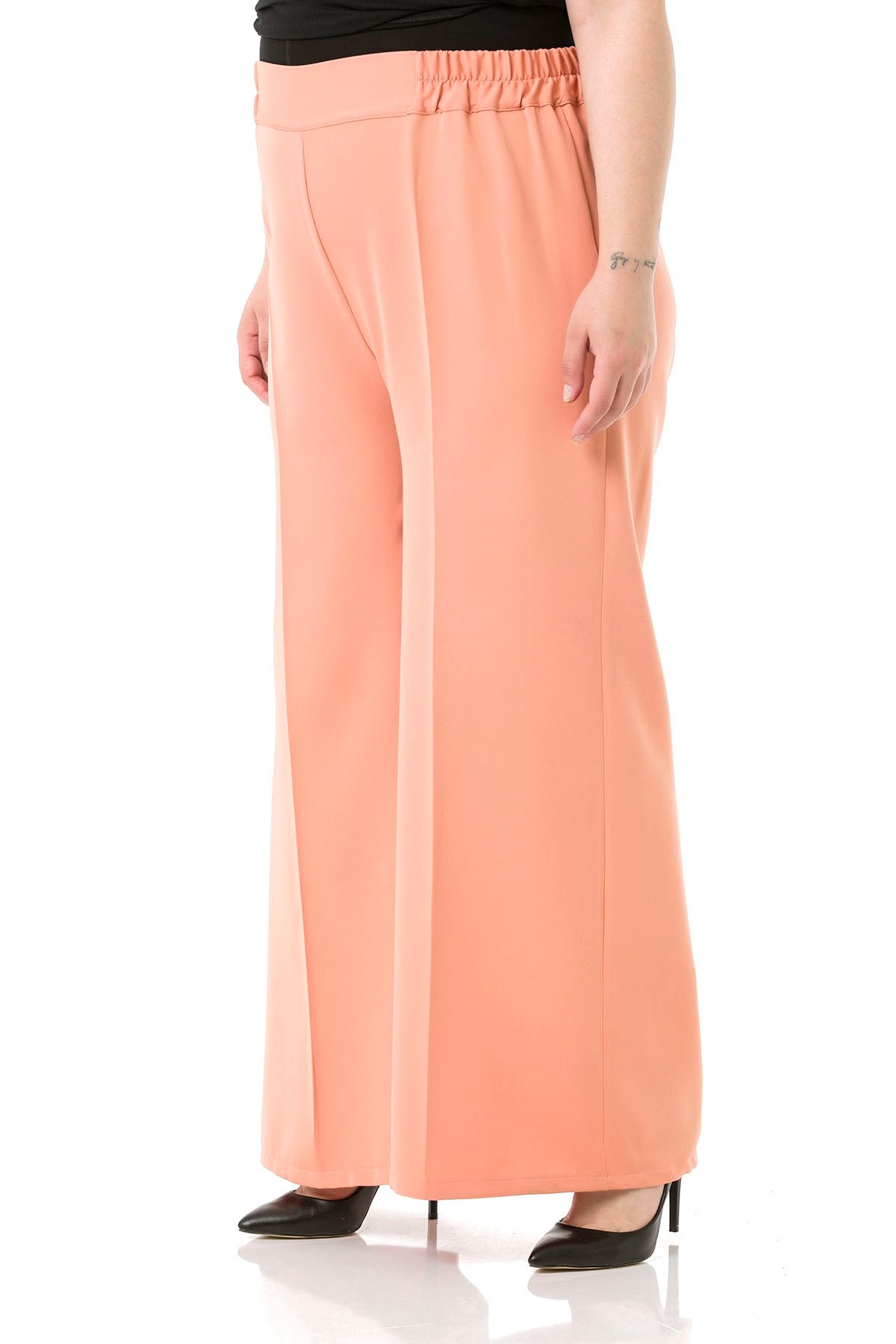 Plus Size Double Salmon Wide Leg Trousers with Elastic Waist Sides and Back