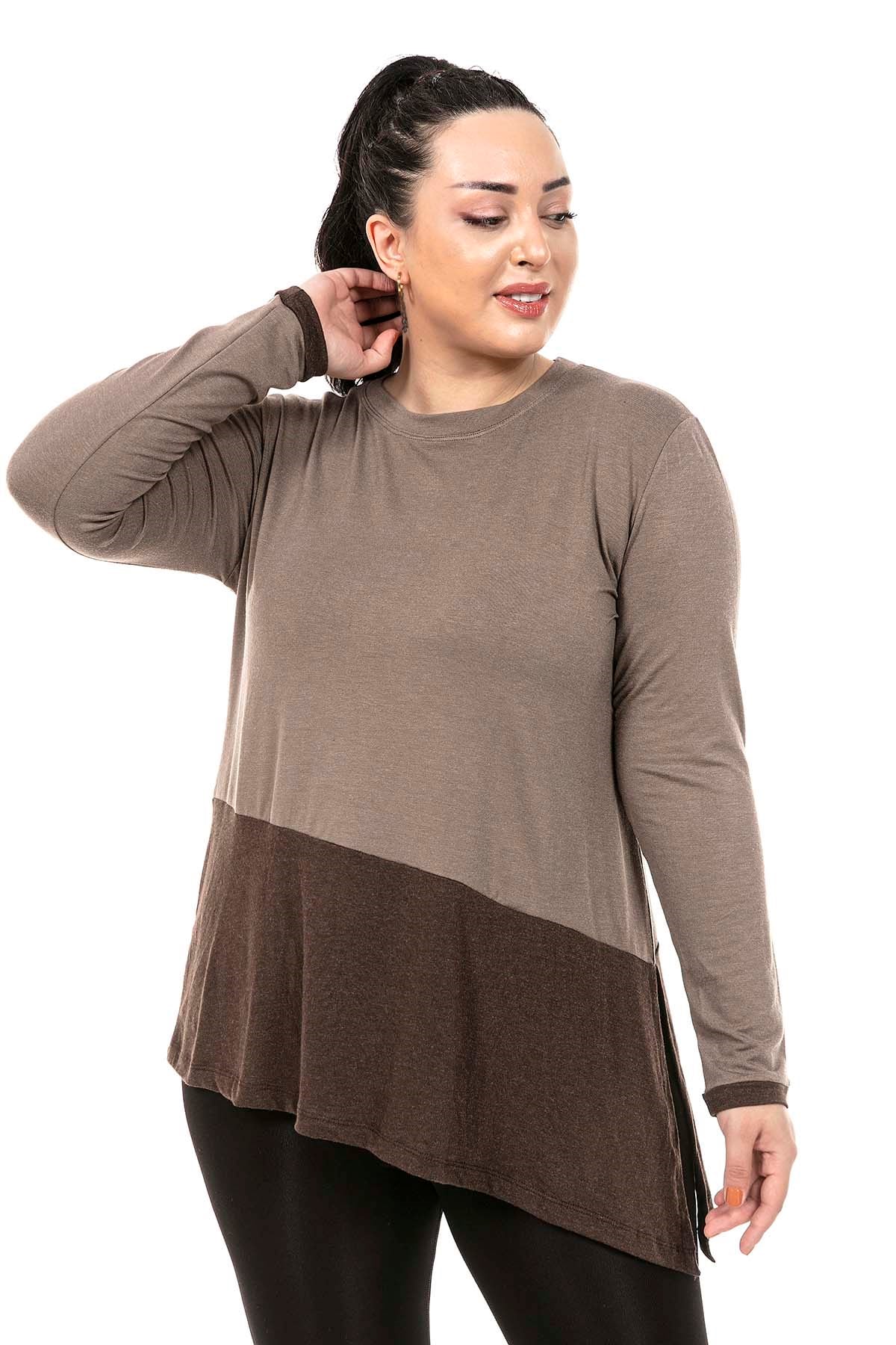 Plus Size Asymmetrical Cut Wool Viscose Mink Brown Blouse with Slit Detail on One Side