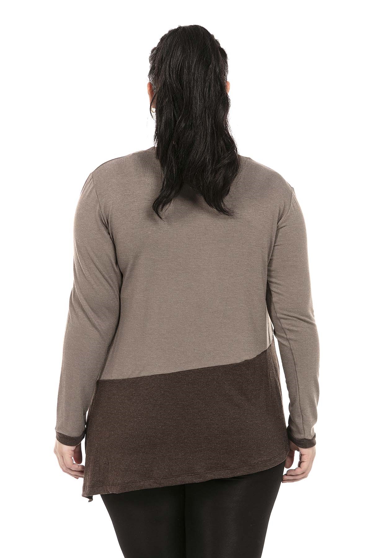 Plus Size Asymmetrical Cut Wool Viscose Mink Brown Blouse with Slit Detail on One Side