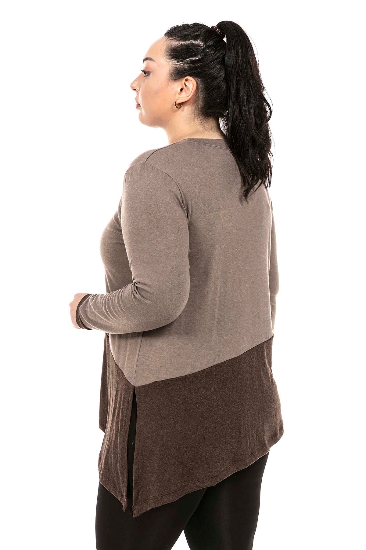Plus Size Asymmetrical Cut Wool Viscose Mink Brown Blouse with Slit Detail on One Side
