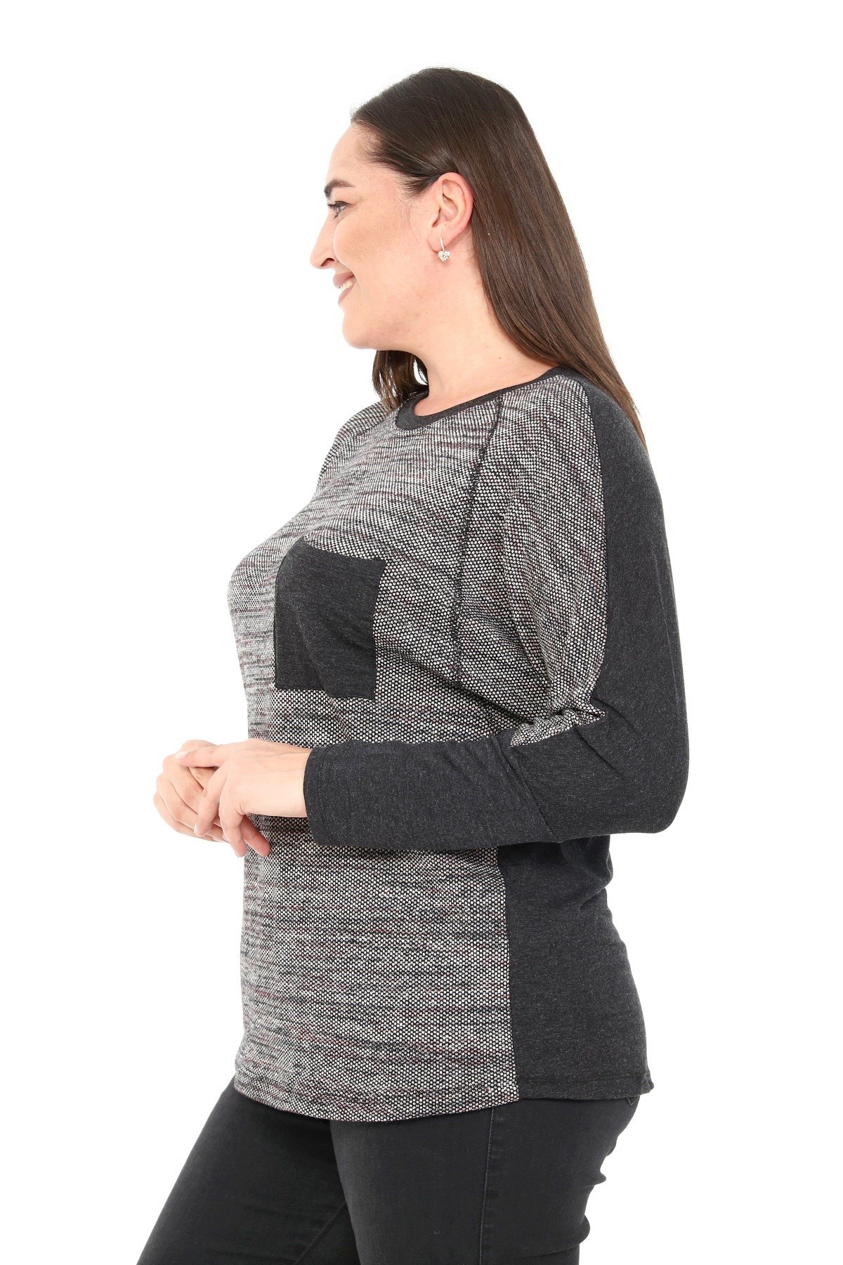 Plus Size Crew Neck Collar Stitched Bat Sleeve Gray Blouse