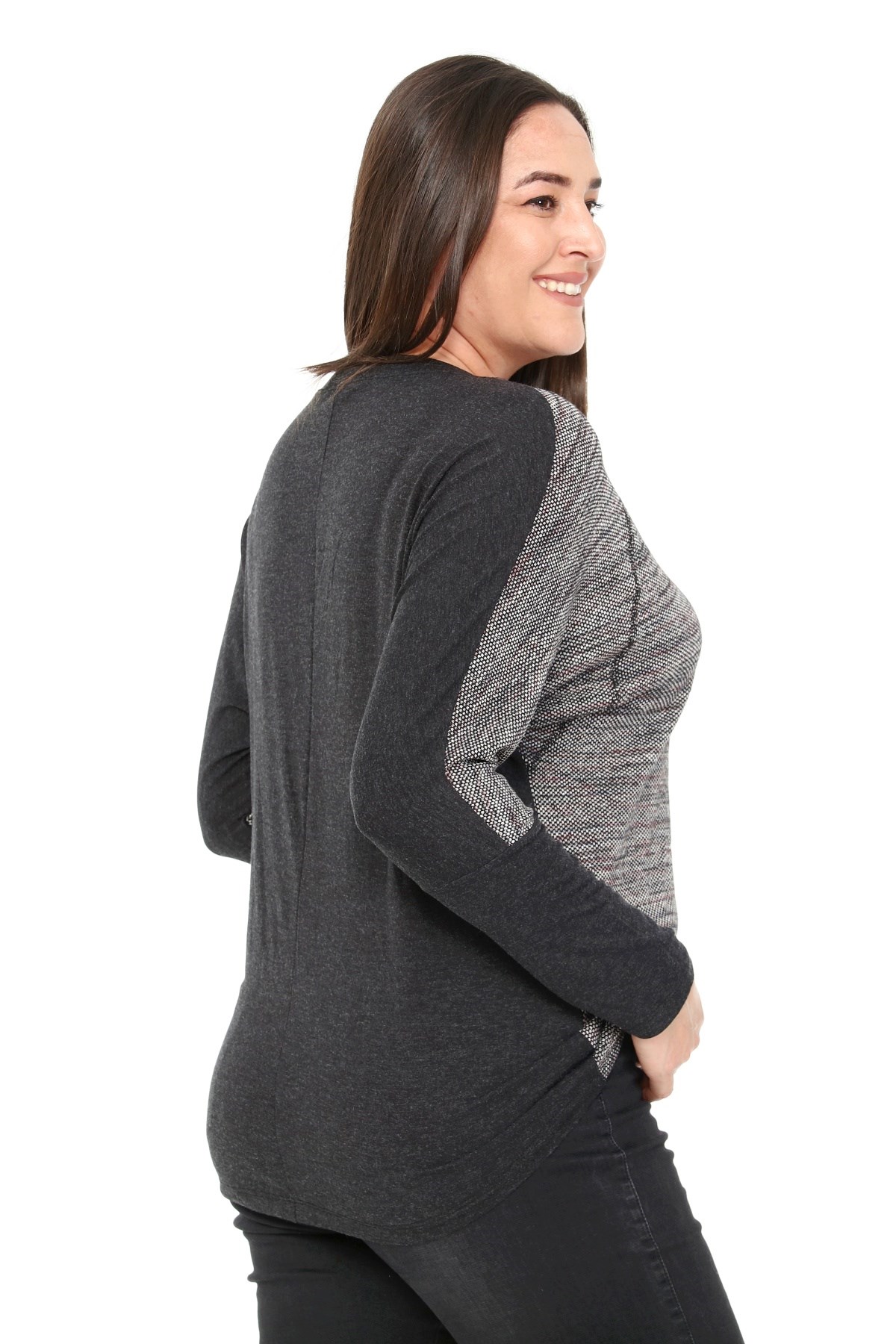 Plus Size Crew Neck Collar Stitched Bat Sleeve Gray Blouse