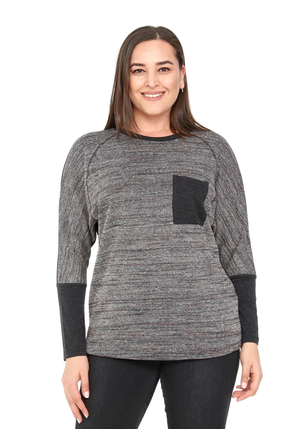 Plus Size Crew Neck Collar Stitched Bat Sleeve Gray Blouse