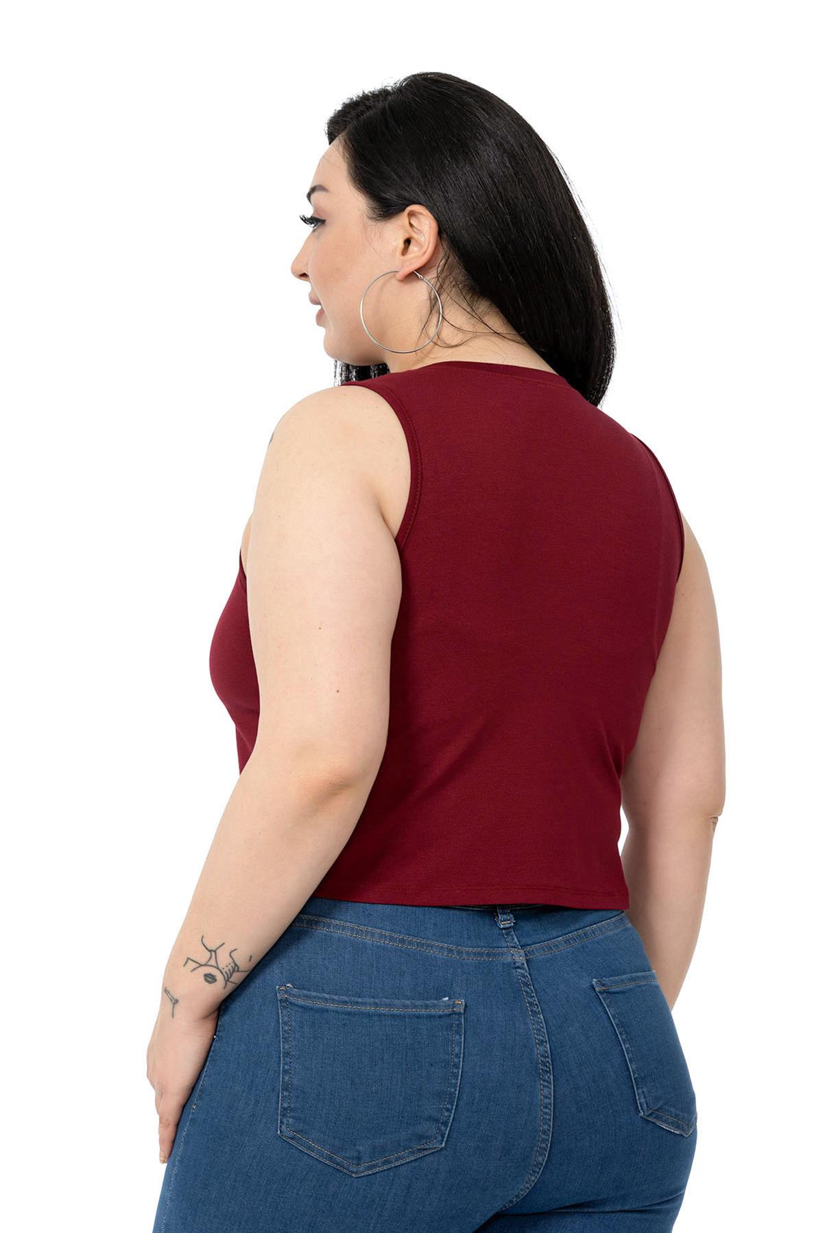 Büyük Beden Bisiklet Yaka Kolsuz Crop Viskon Bordo Body