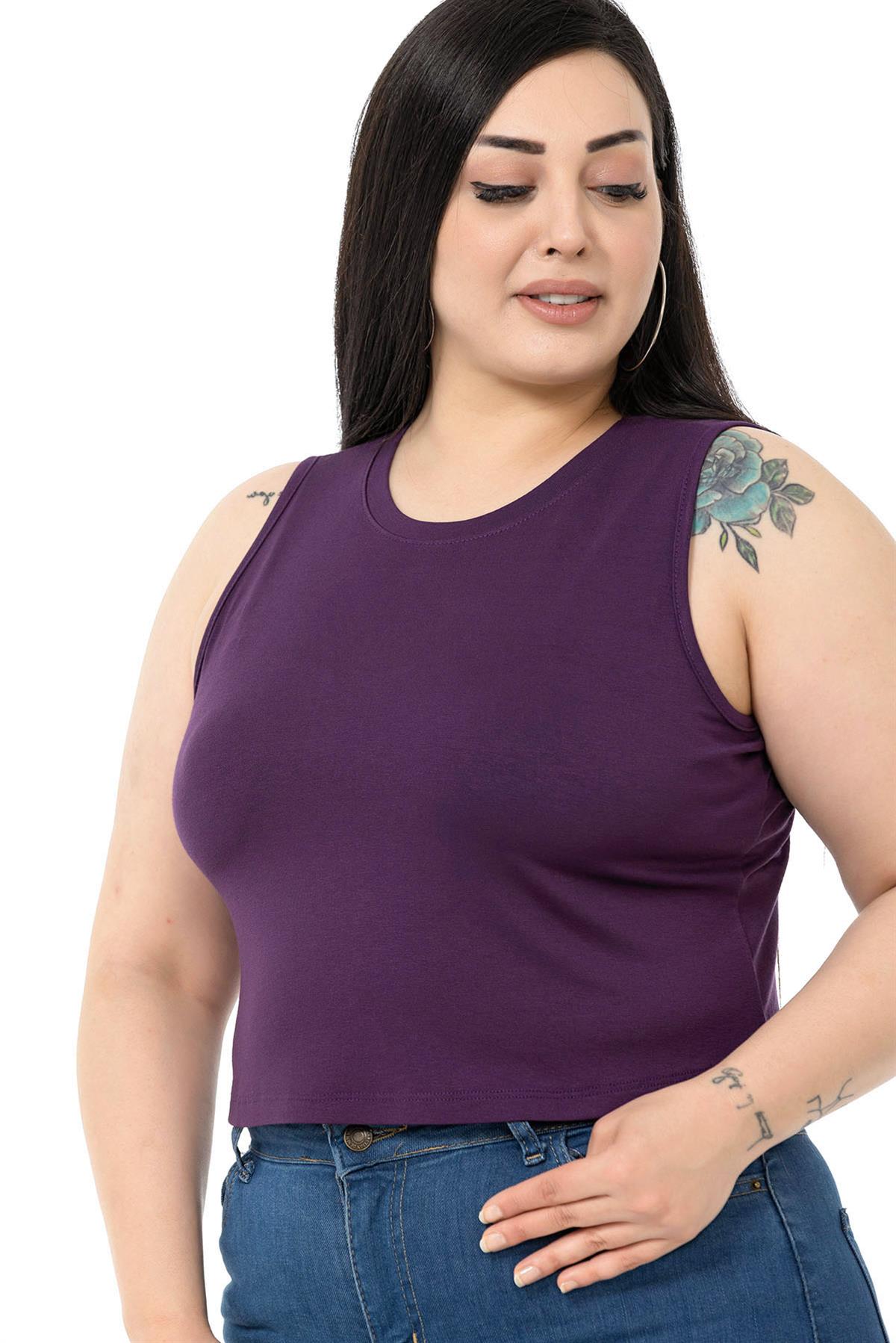 Büyük Beden Bisiklet Yaka Kolsuz Crop Viskon Mürdüm Body