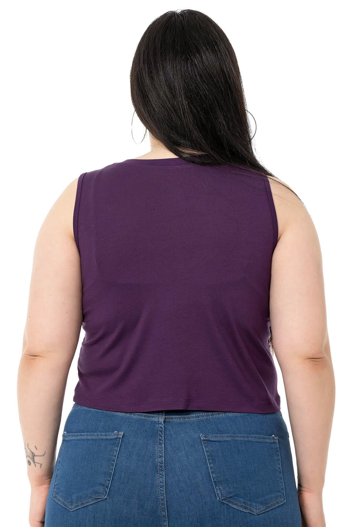 Büyük Beden Bisiklet Yaka Kolsuz Crop Viskon Mürdüm Body
